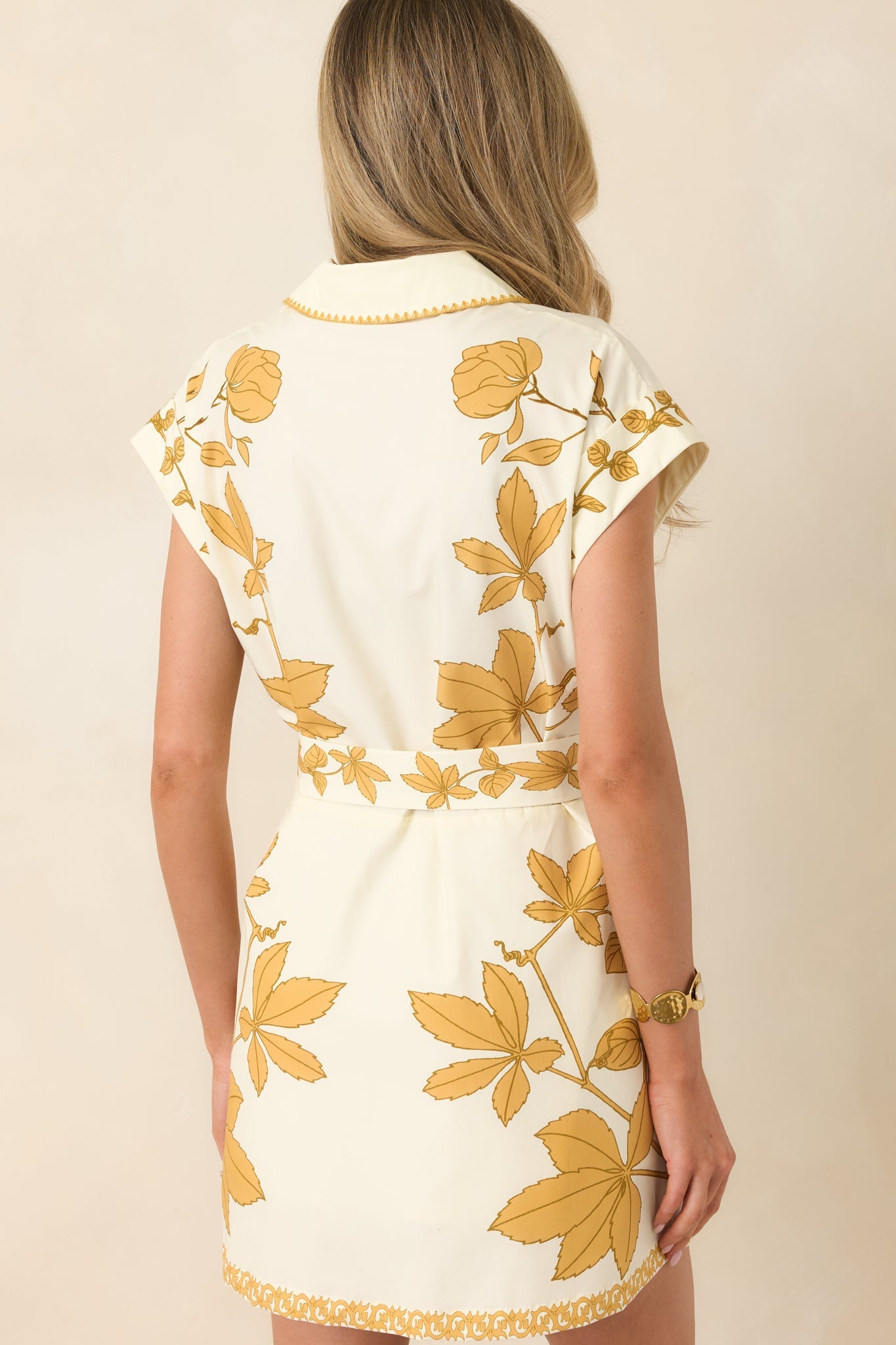 AIYIA Sarah Ivory & Honey Gold Floral Cotton Belted Mini Dress