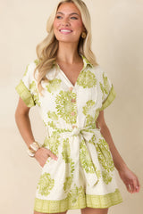 AIYIA Camila Ivory & Green Floral Print Belted Romper