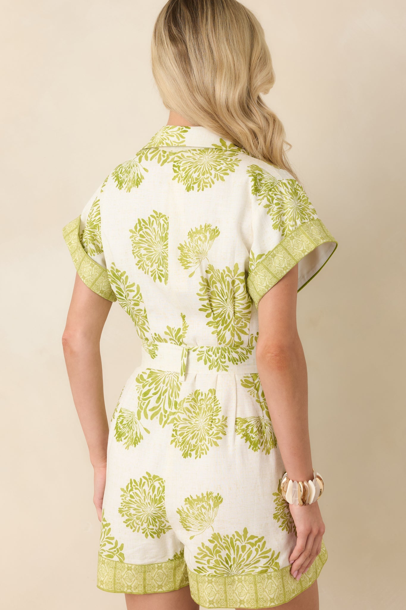 AIYIA Camila Ivory & Green Floral Print Belted Romper