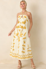 AIYIA Zoey Ivory & Honey Gold Floral Cotton Halter Neck Maxi Dress