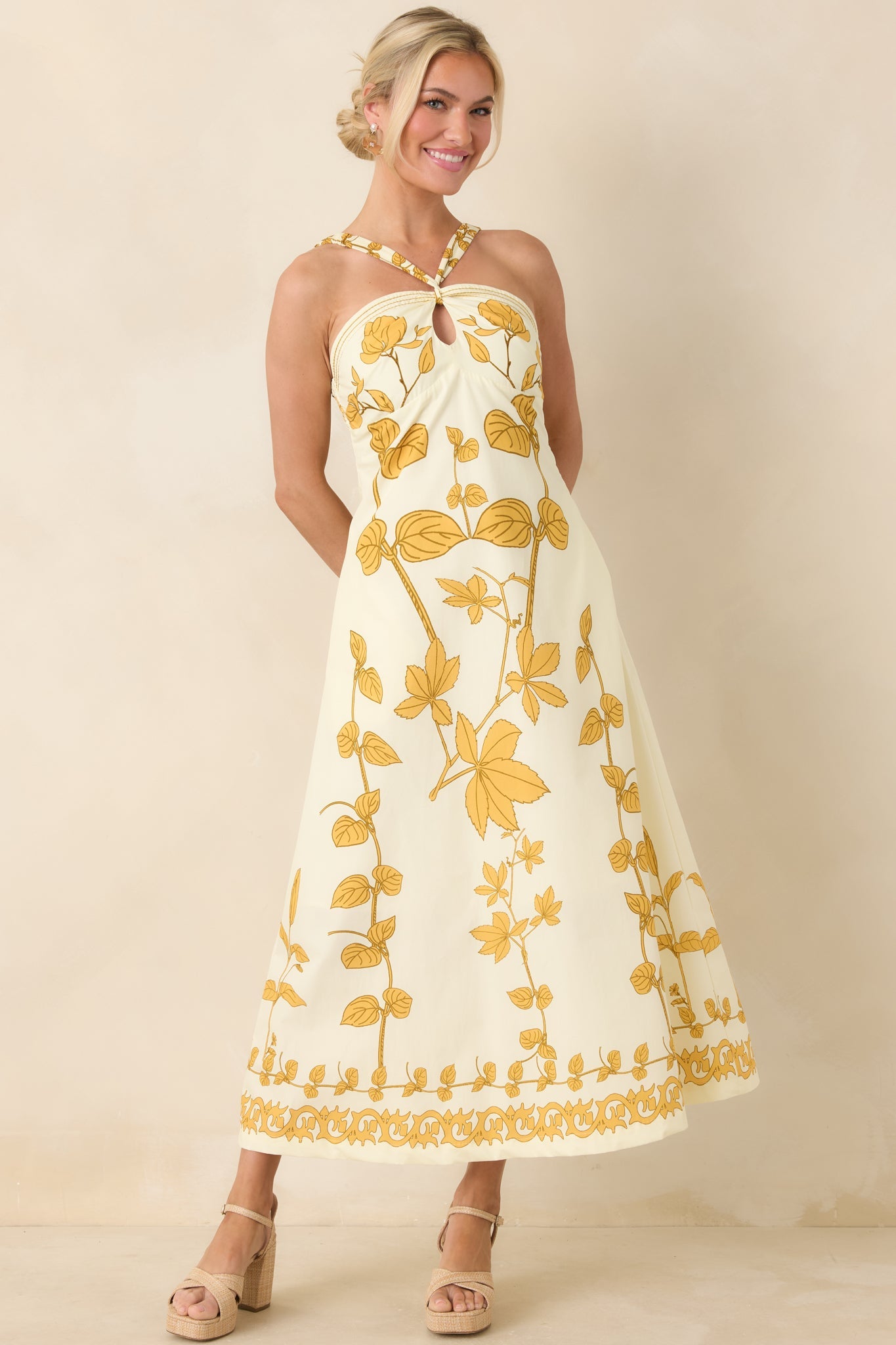 AIYIA Zoey Ivory & Honey Gold Floral Cotton Halter Neck Maxi Dress