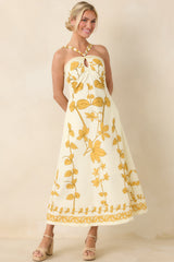 AIYIA Zoey Ivory & Honey Gold Floral Cotton Halter Neck Maxi Dress