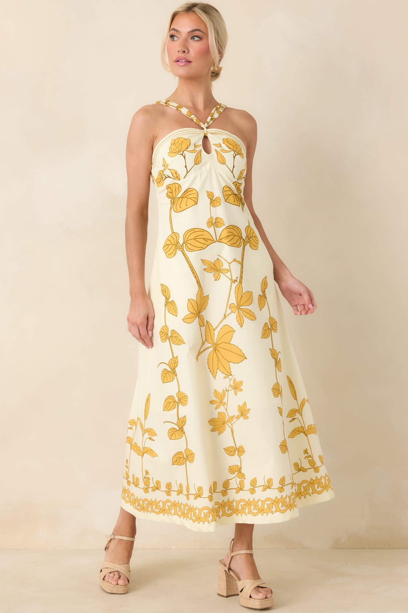 AIYIA Zoey Ivory & Honey Gold Floral Cotton Halter Neck Maxi Dress