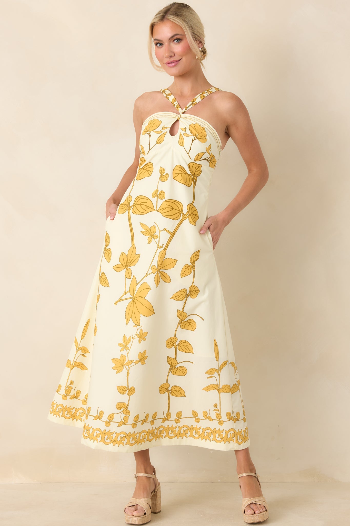 AIYIA Zoey Ivory & Honey Gold Floral Cotton Halter Neck Maxi Dress
