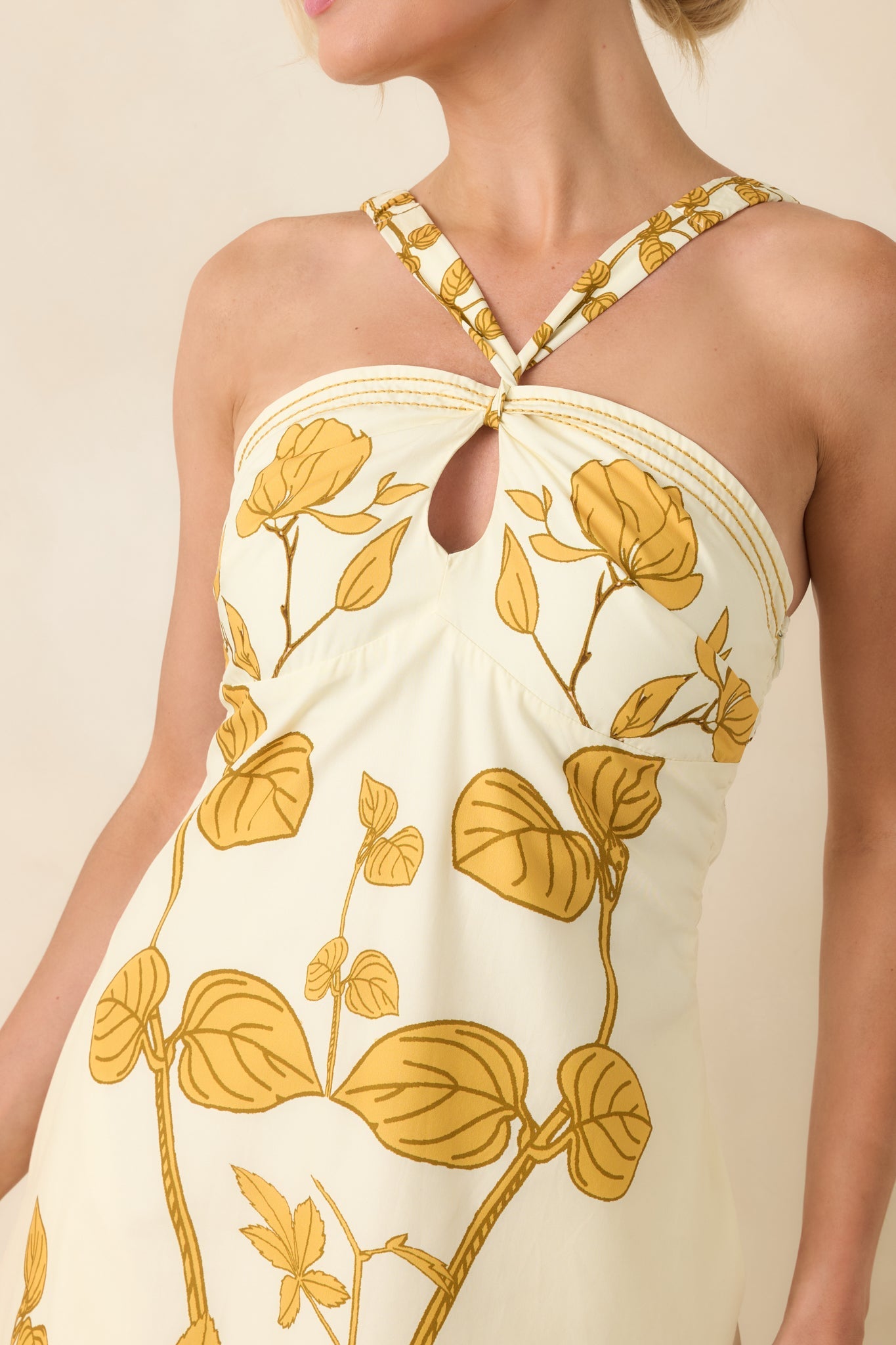 AIYIA Zoey Ivory & Honey Gold Floral Cotton Halter Neck Maxi Dress