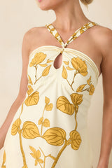 AIYIA Zoey Ivory & Honey Gold Floral Cotton Halter Neck Maxi Dress