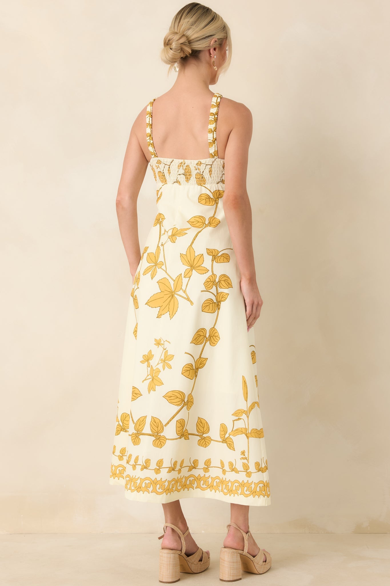 AIYIA Zoey Ivory & Honey Gold Floral Cotton Halter Neck Maxi Dress