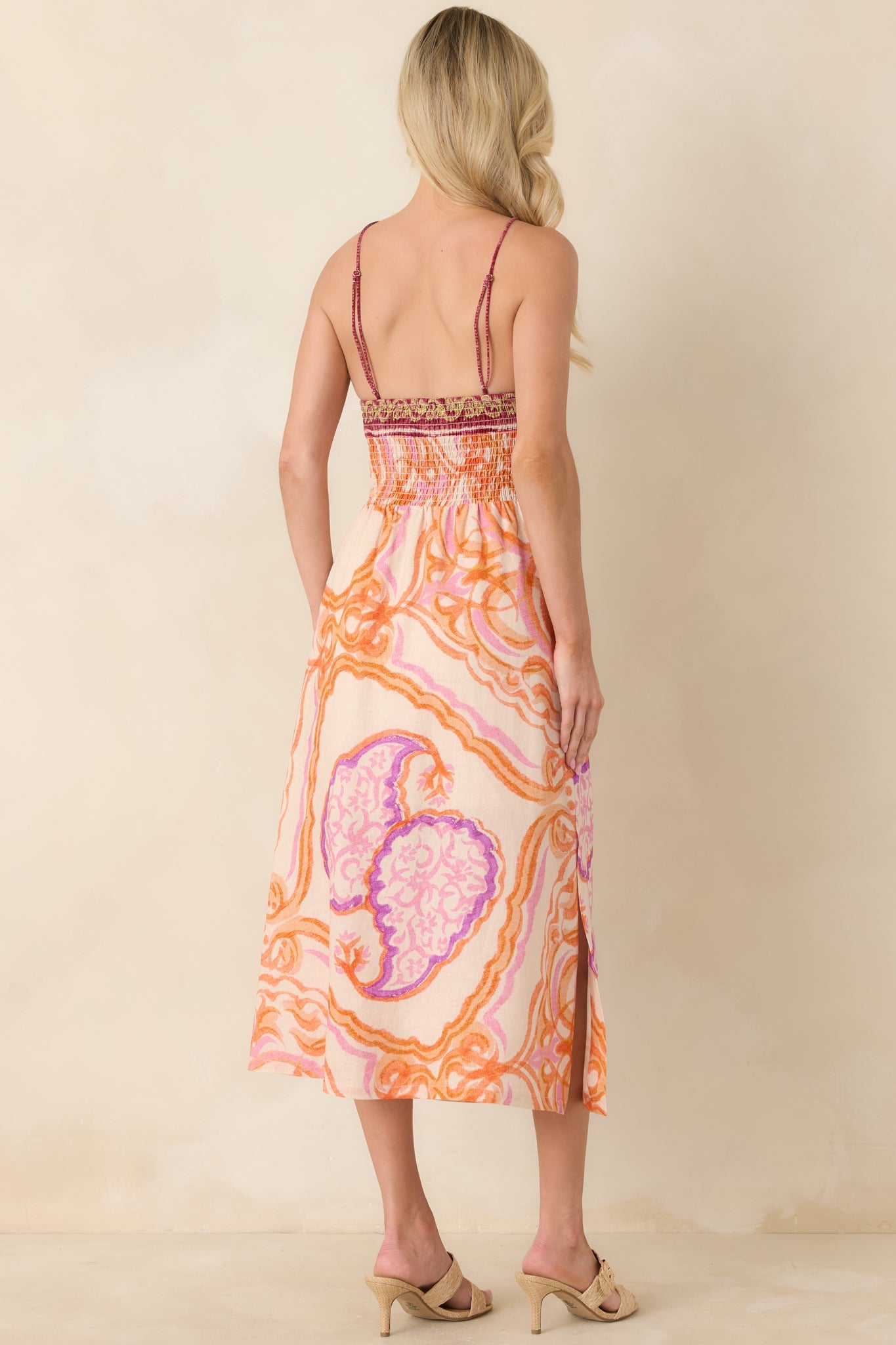 AIYIA Orange Multi Ornate Medallion Print Halter Neck Midi Dress
