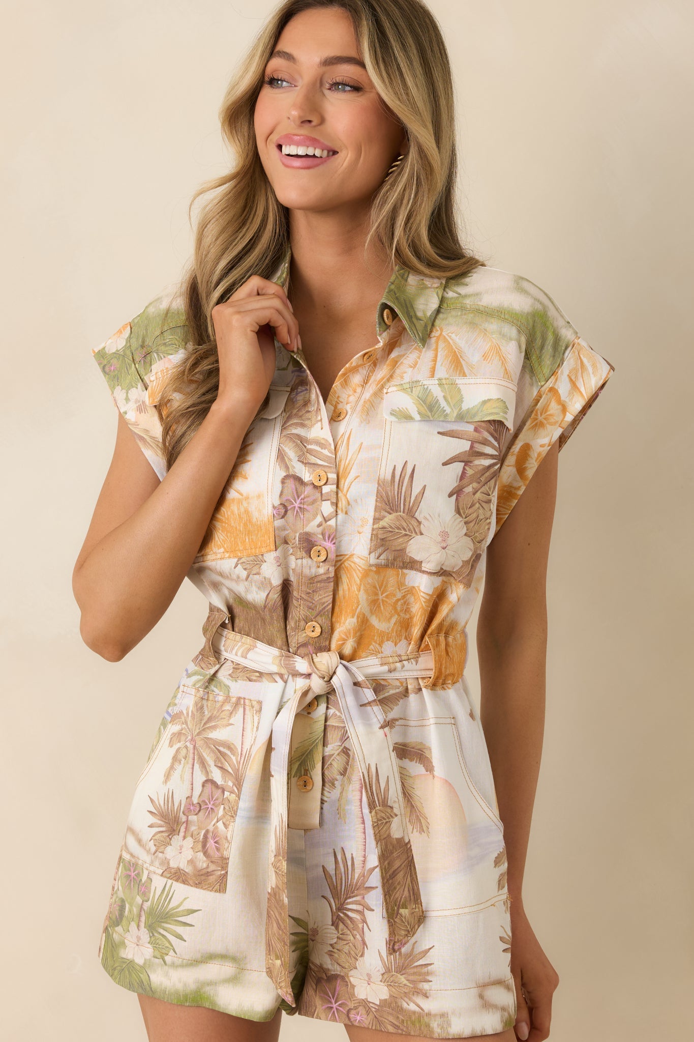 AIYIA Maya Multi Tropical Beach Print Belted Romper