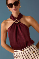 Draped In Myth Wine Halter Ring Detail Blouse