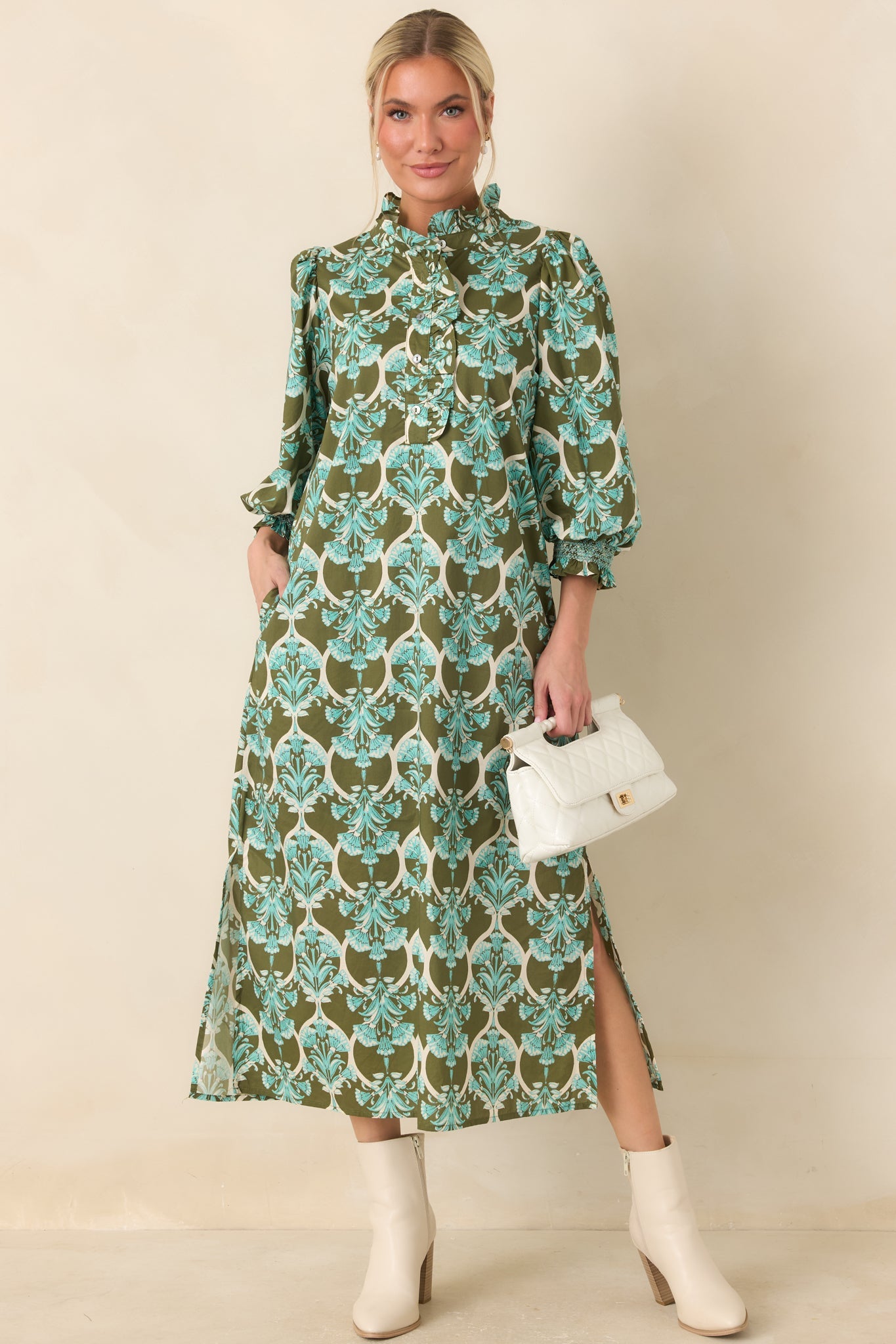 Dream All Day Olive & Aqua Floral Cotton Midi Dress