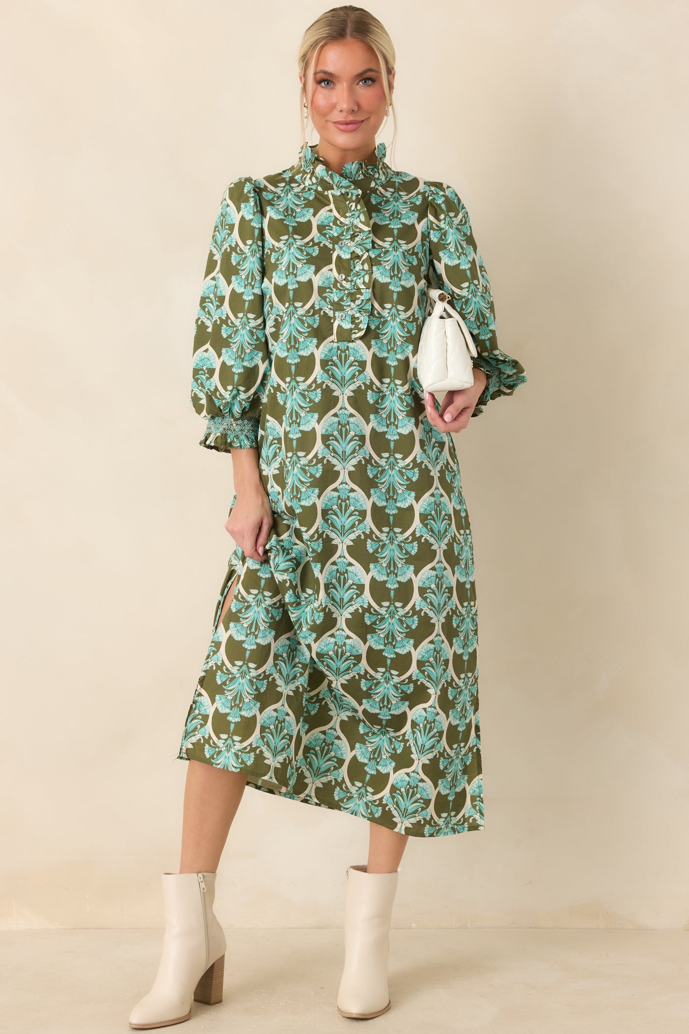 Dream All Day Olive & Aqua Floral Cotton Midi Dress
