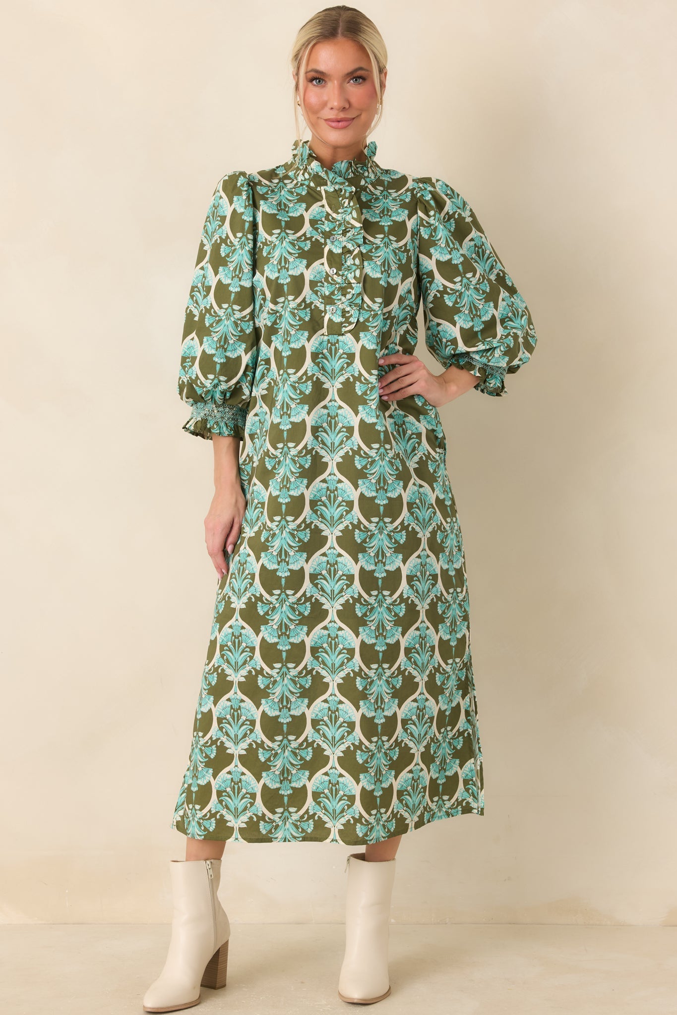 Dream All Day Olive & Aqua Floral Cotton Midi Dress