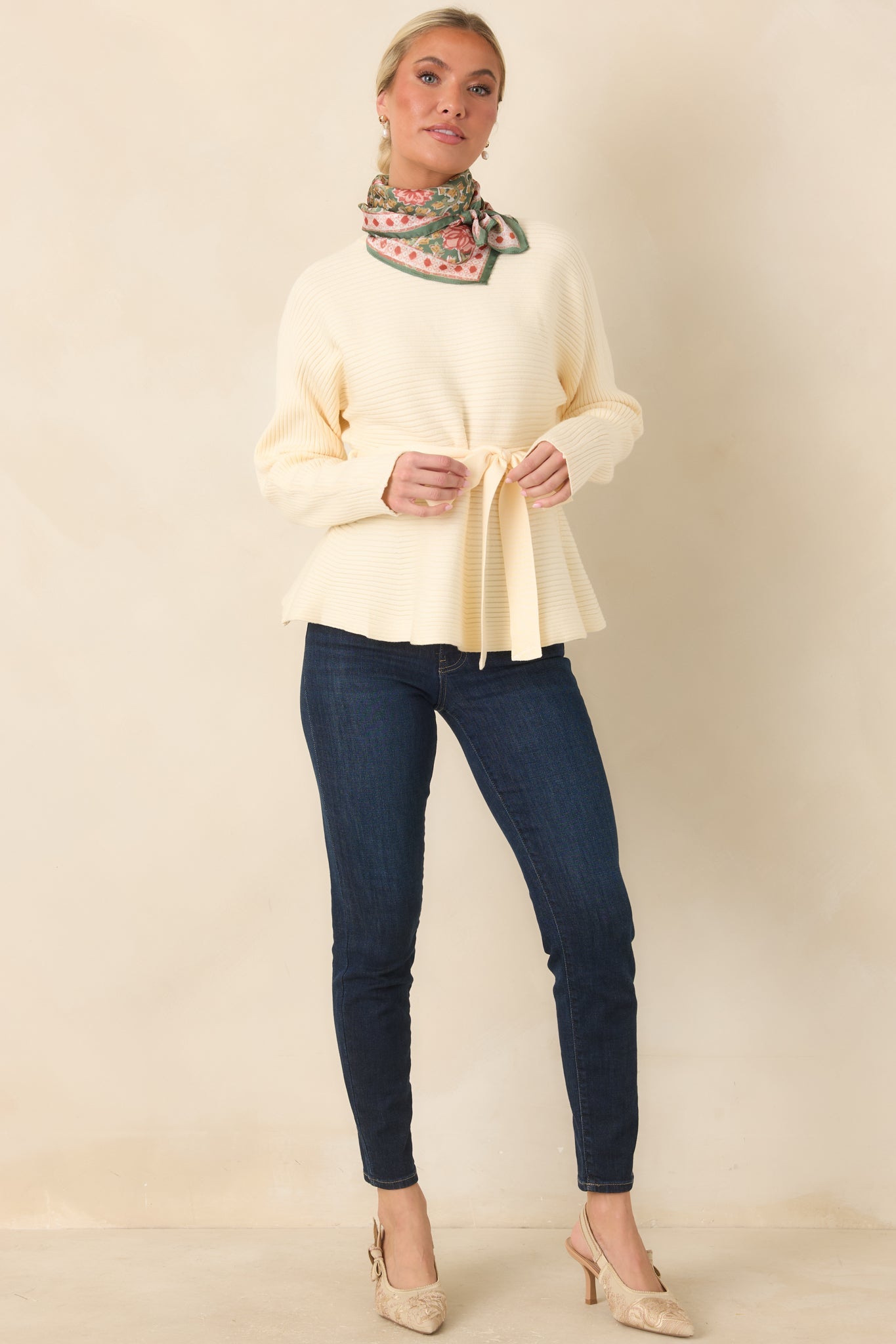 Consider It a Compliment Ecru Tie Waist Mock Neck Sweater