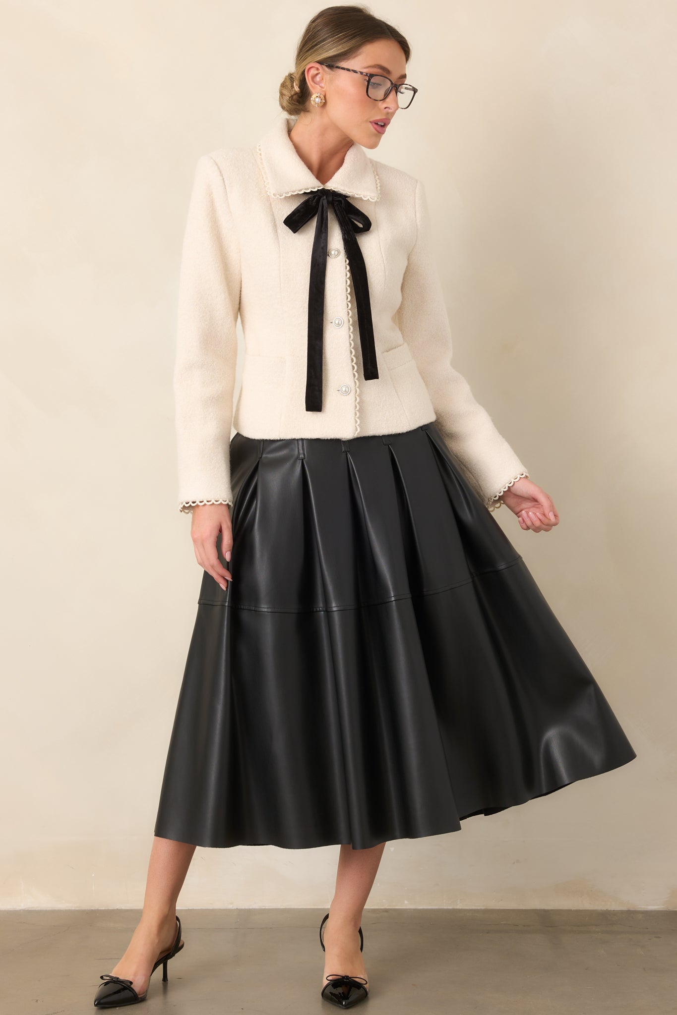 Cut To Perfection Black Faux Leather Pleated Midi Skirt