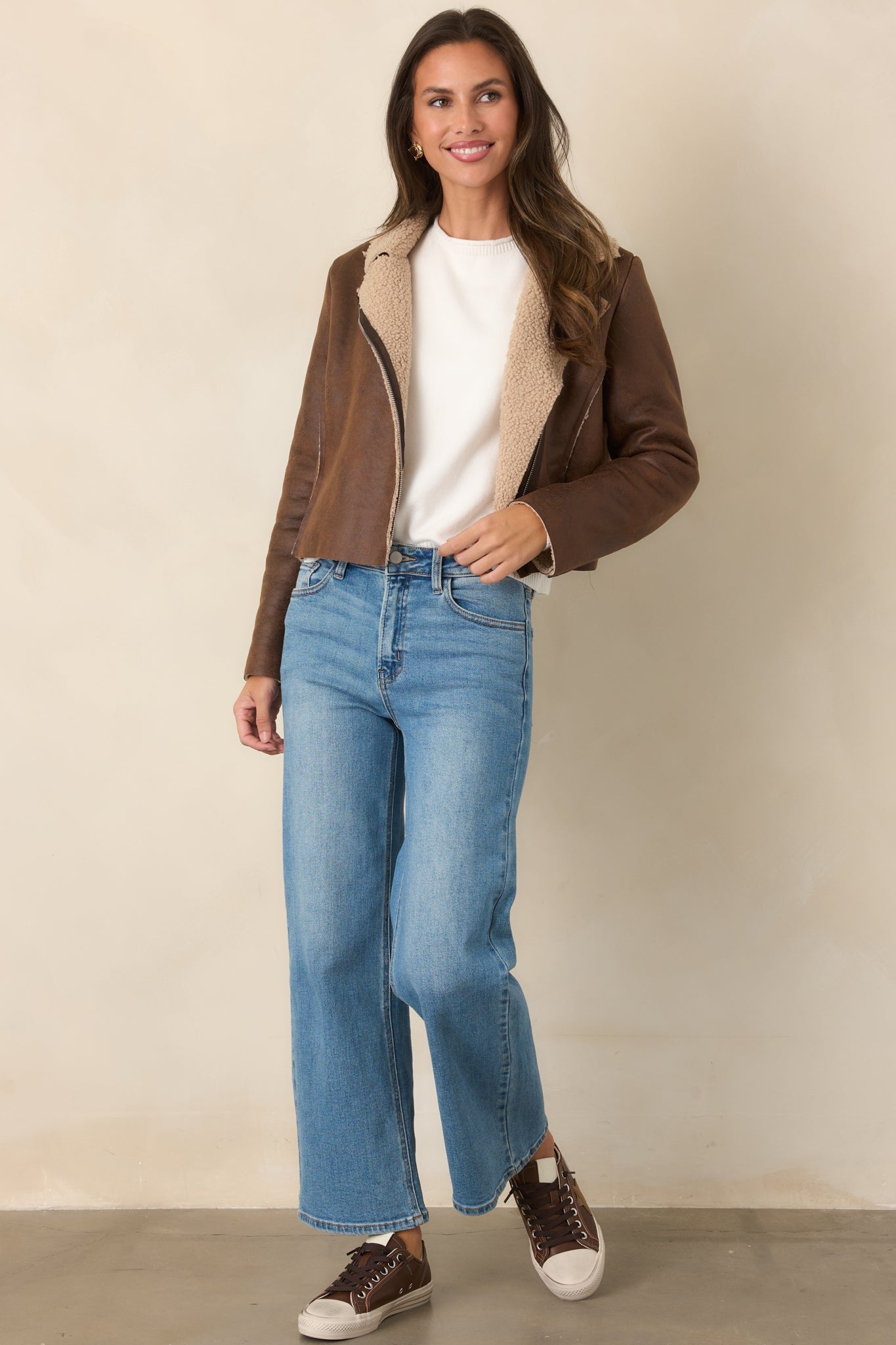 Astrid Wyatt Brown Faux Leather Sherpa Trim Moto Jacket