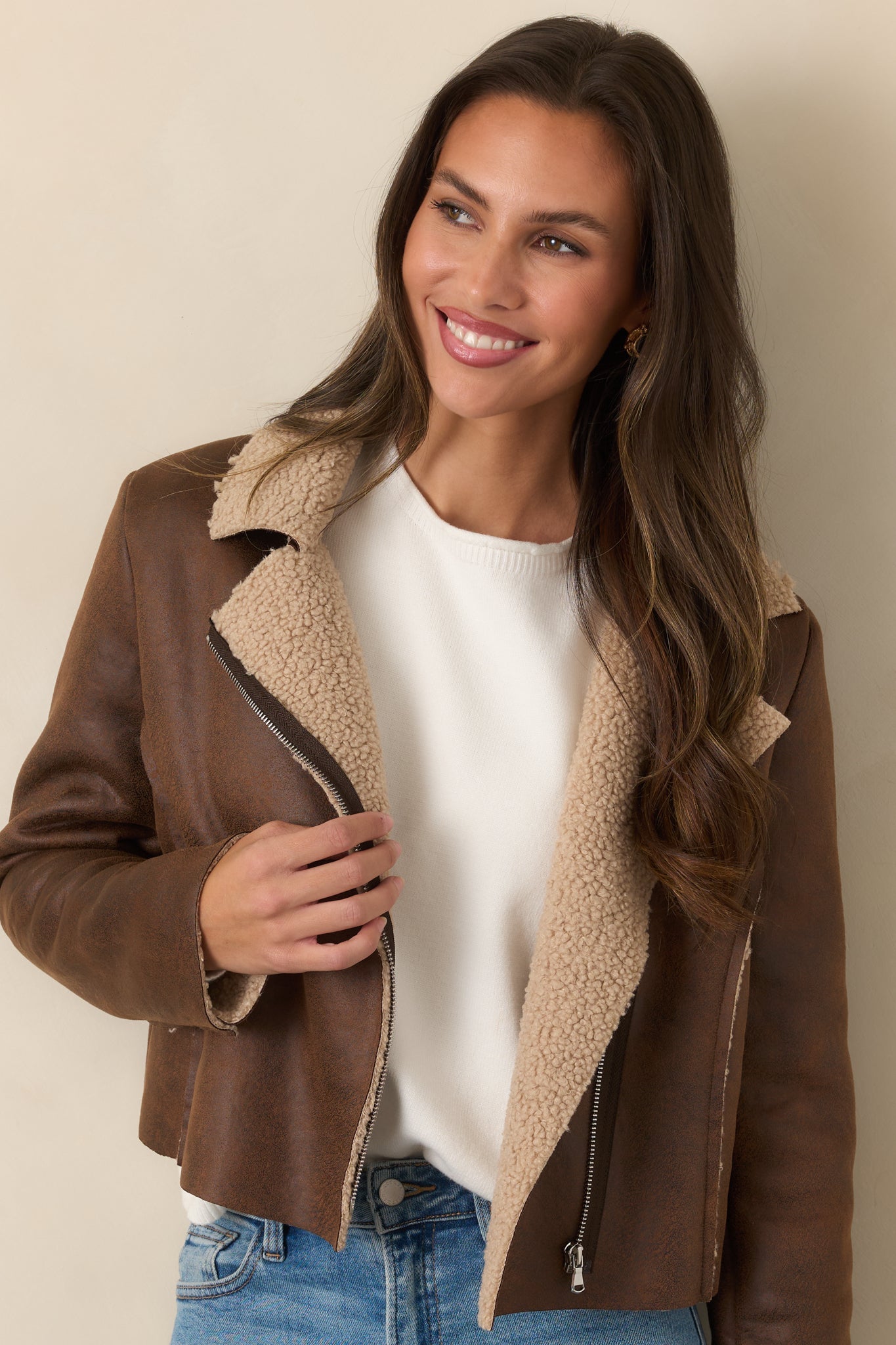 Astrid Wyatt Brown Faux Leather Sherpa Trim Moto Jacket