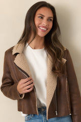 Astrid Wyatt Brown Faux Leather Sherpa Trim Moto Jacket