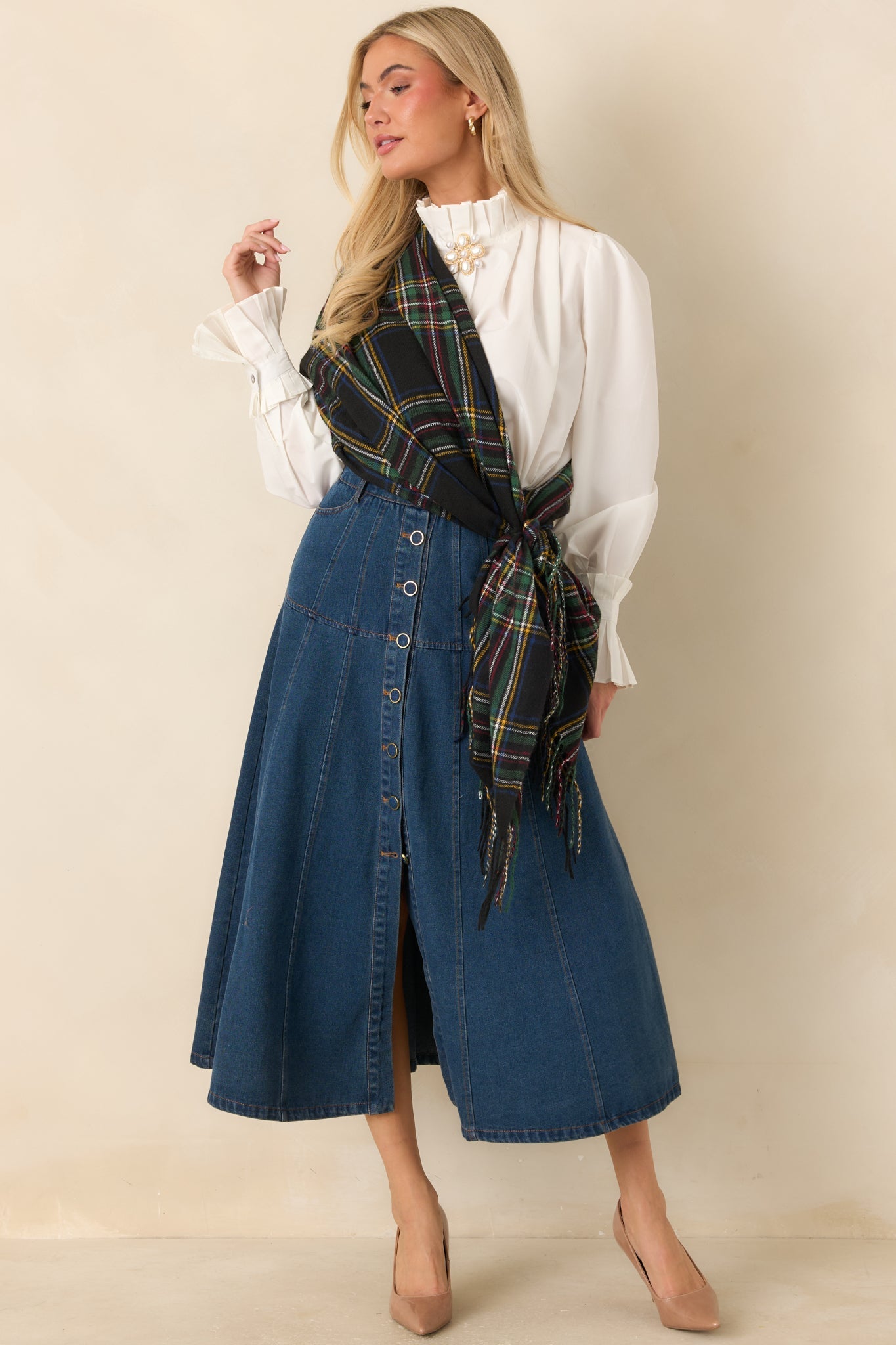 As the Day Goes On Dark Wash Button Front Denim Midi Skirt