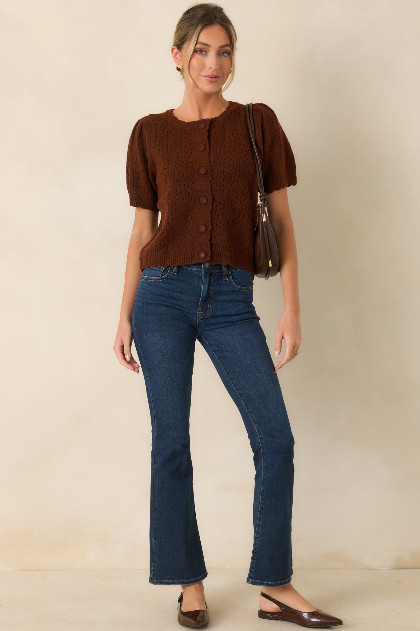 Extra Credit Brown Pointelle Knit Cardigan