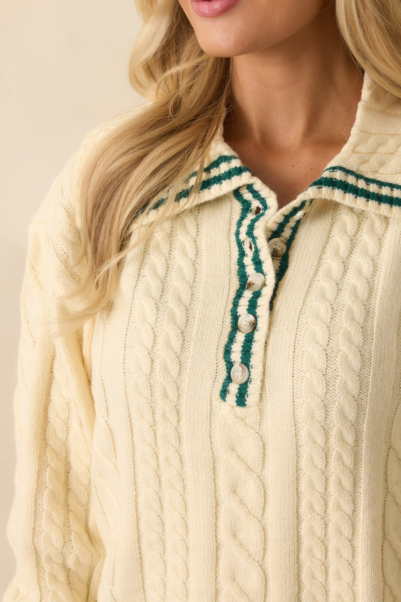 Alpine Afternoon Ivory Cable Knit Contrast Trim Collared Sweater