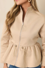 En Saison Annie Beige Drawstring Peplum Bomber Jacket