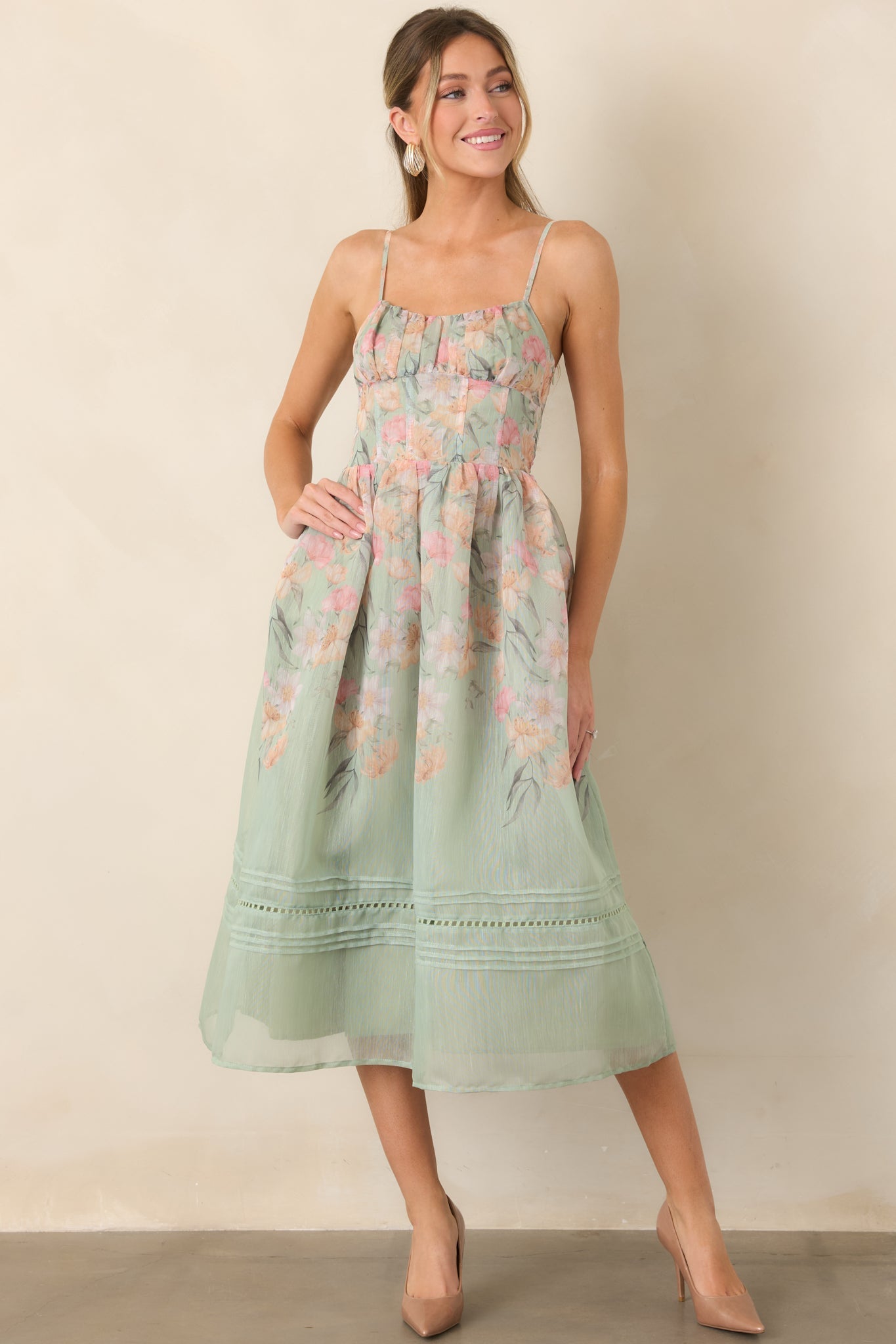En Saison Kacey Sage Multi Floral Ruched Bodice Midi Dress