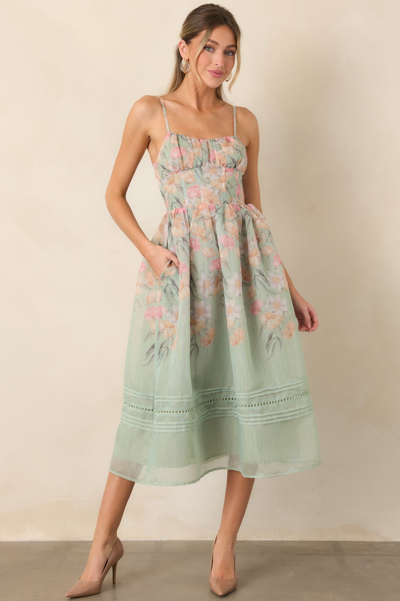 En Saison Kacey Sage Multi Floral Ruched Bodice Midi Dress