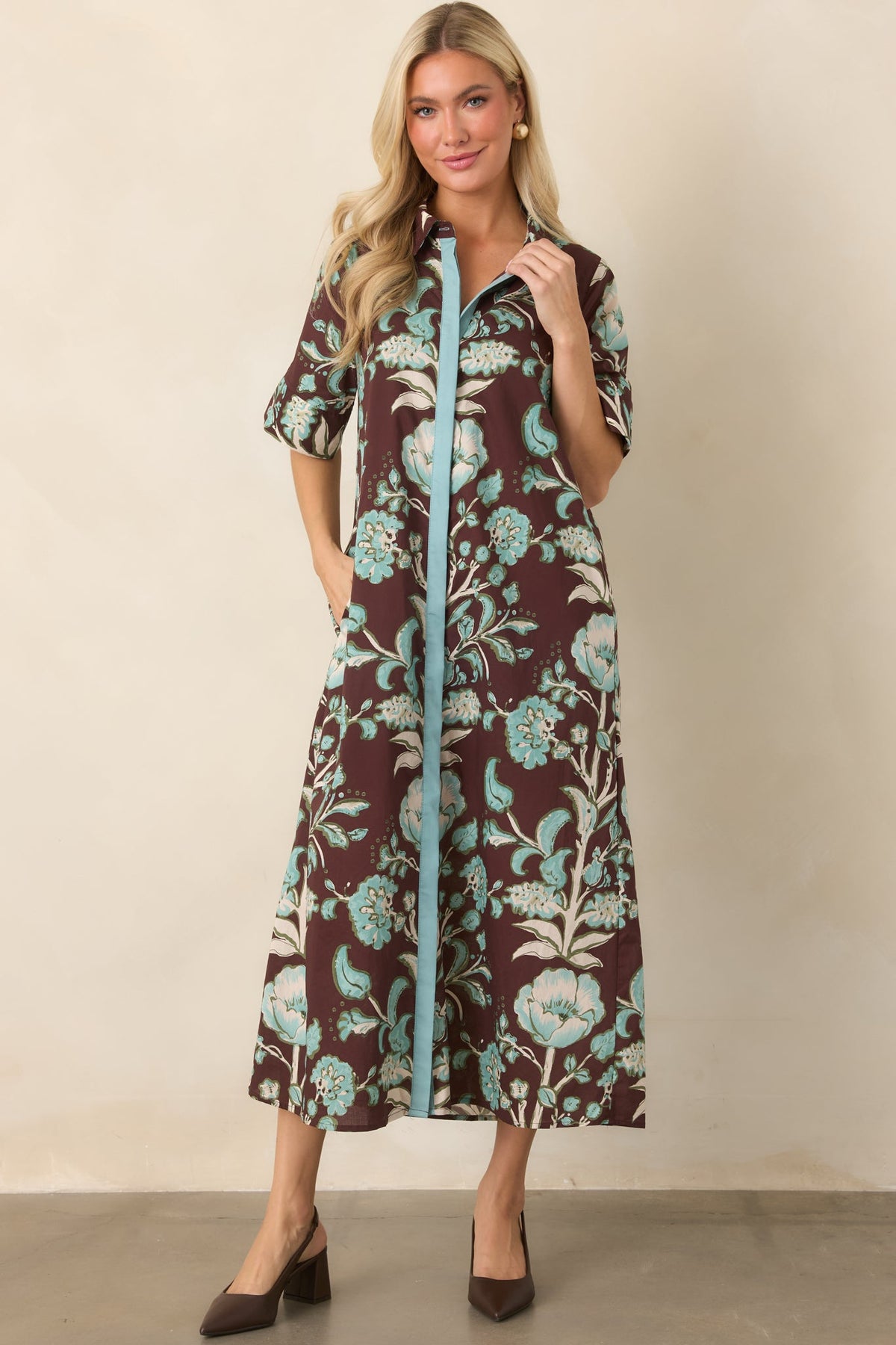 Collected Along the Way Brown & Aqua Floral Cotton Midi Dress