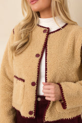 Bound to Be Cozy Beige & Burgundy Contrast Stitch Sherpa Jacket