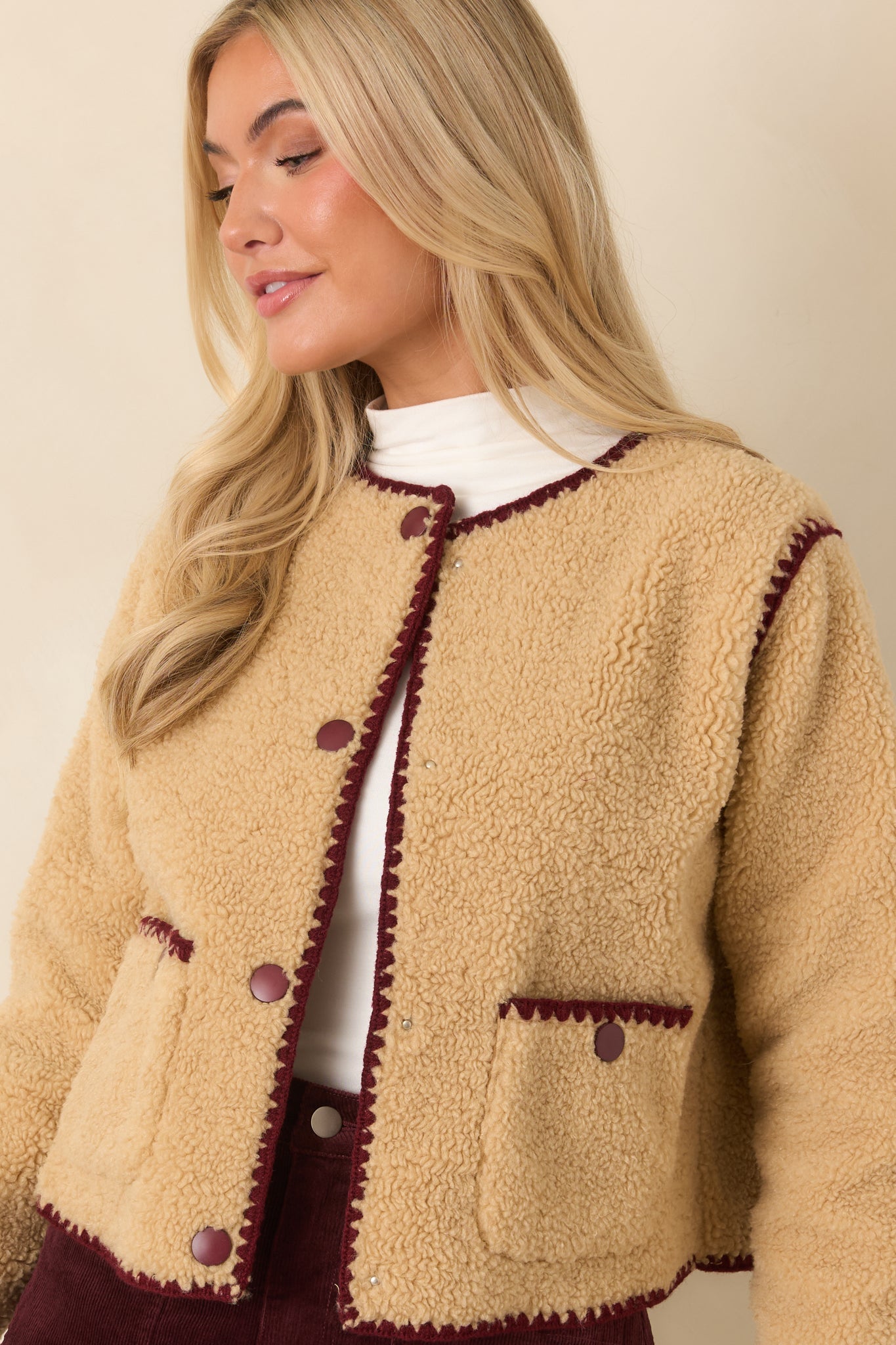 Bound to Be Cozy Beige & Burgundy Contrast Stitch Sherpa Jacket