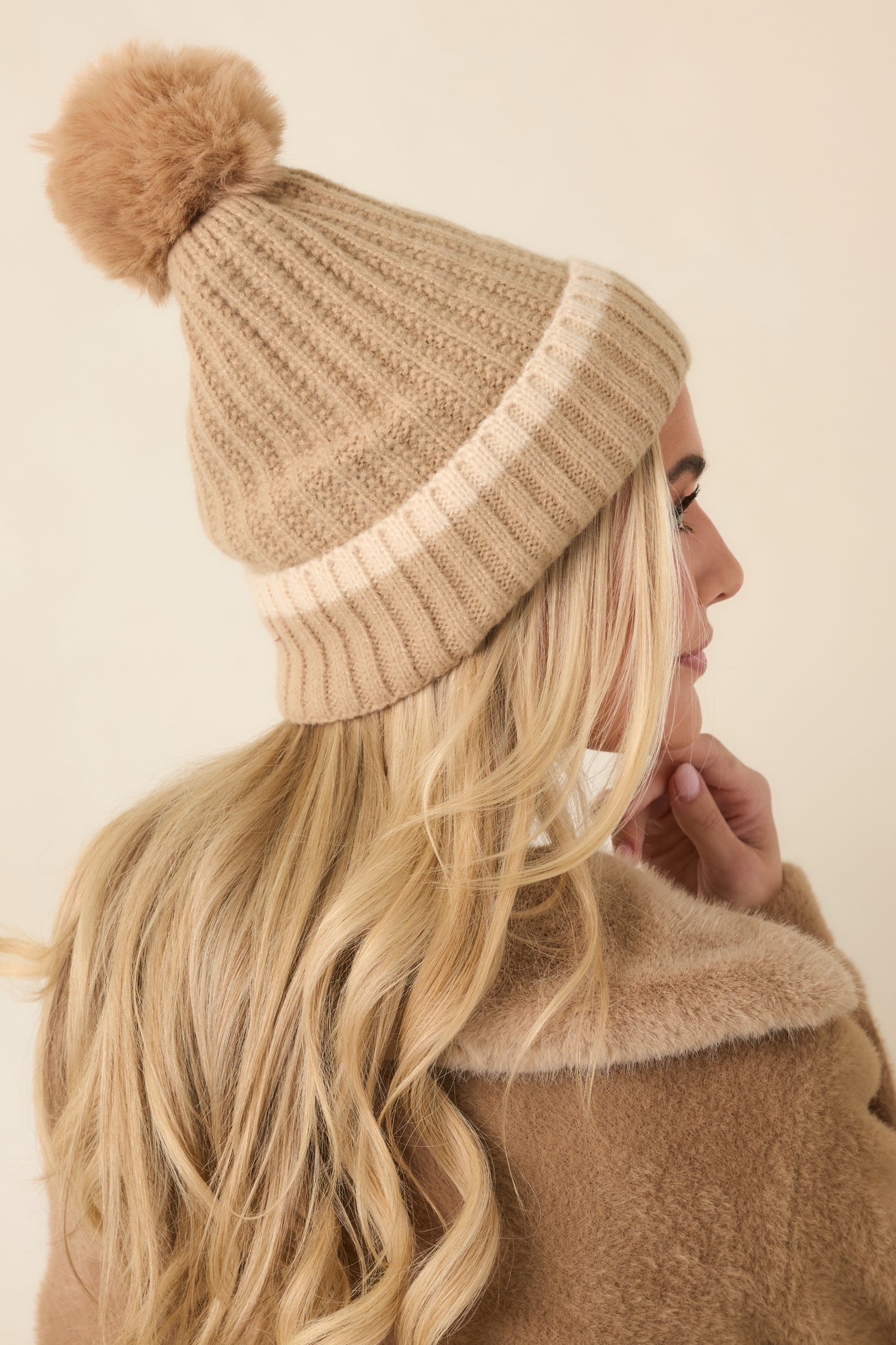 Bundle Up, Buttercup Beige Ribbed Knit Pom Beanie