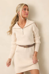 Ease Into It Beige Knit Half-Zip Funnel Collar Longline Sweater Mini Dress