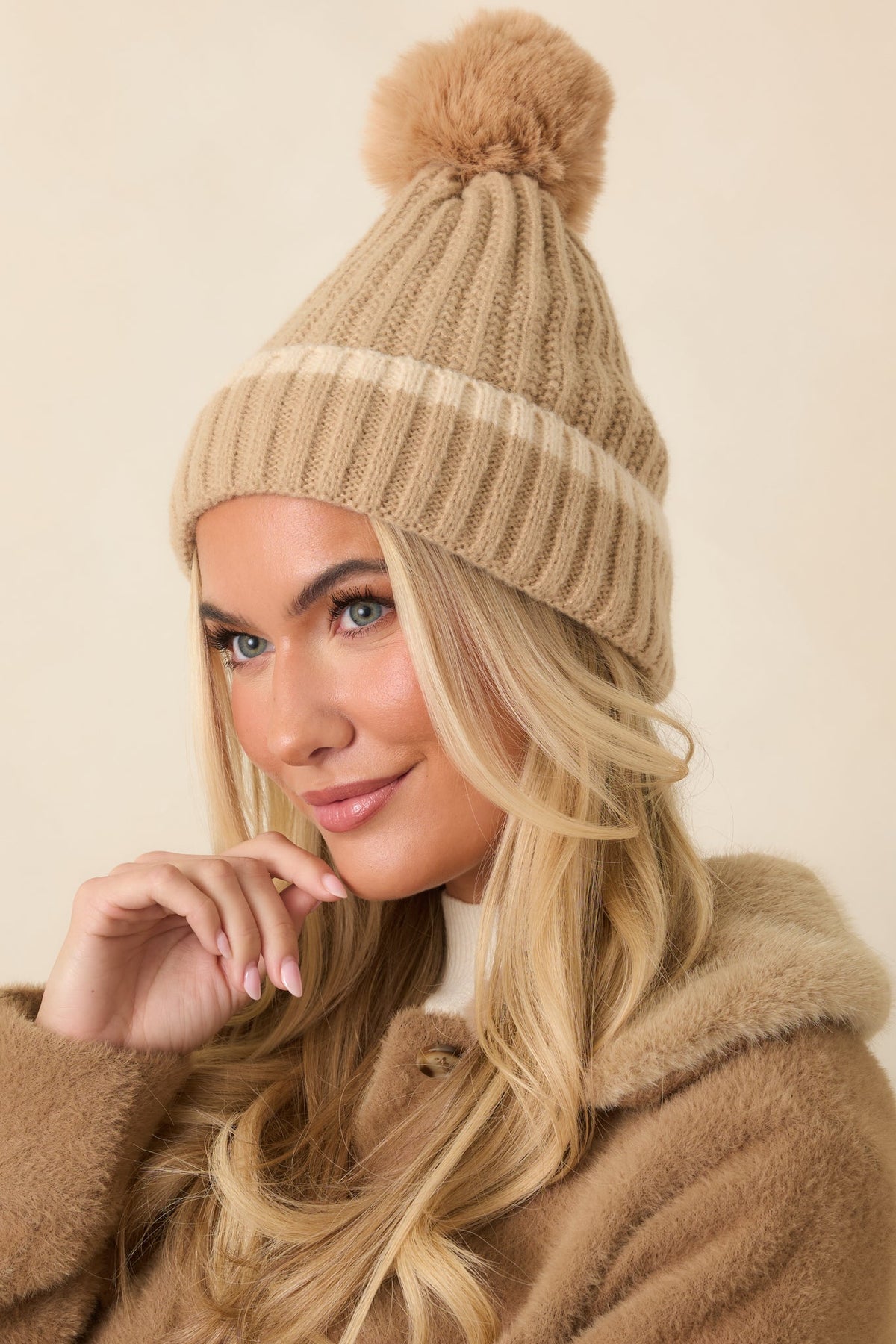 Bundle Up, Buttercup Beige Ribbed Knit Pom Beanie
