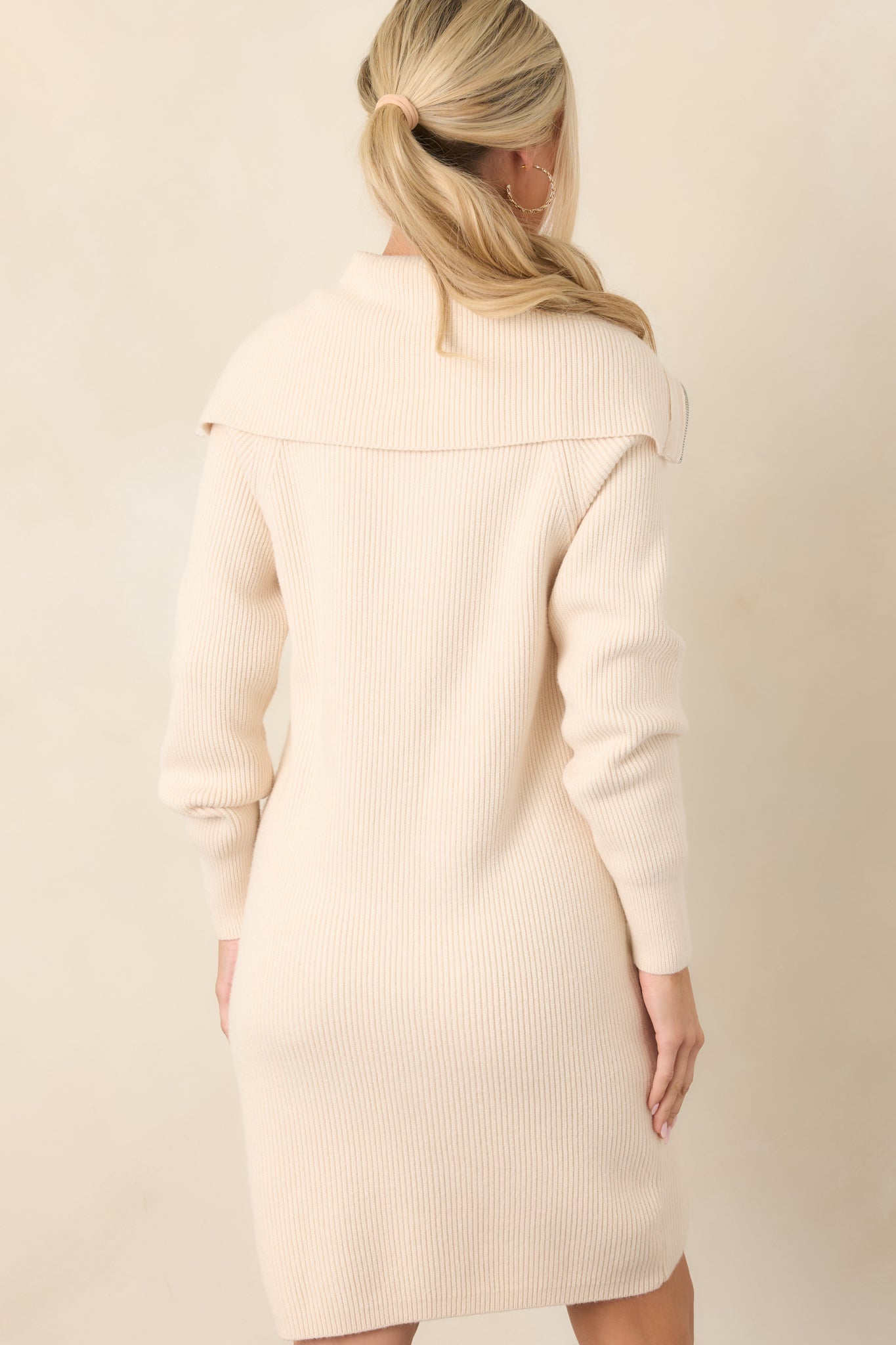 Ease Into It Beige Knit Half-Zip Funnel Collar Longline Sweater Mini Dress