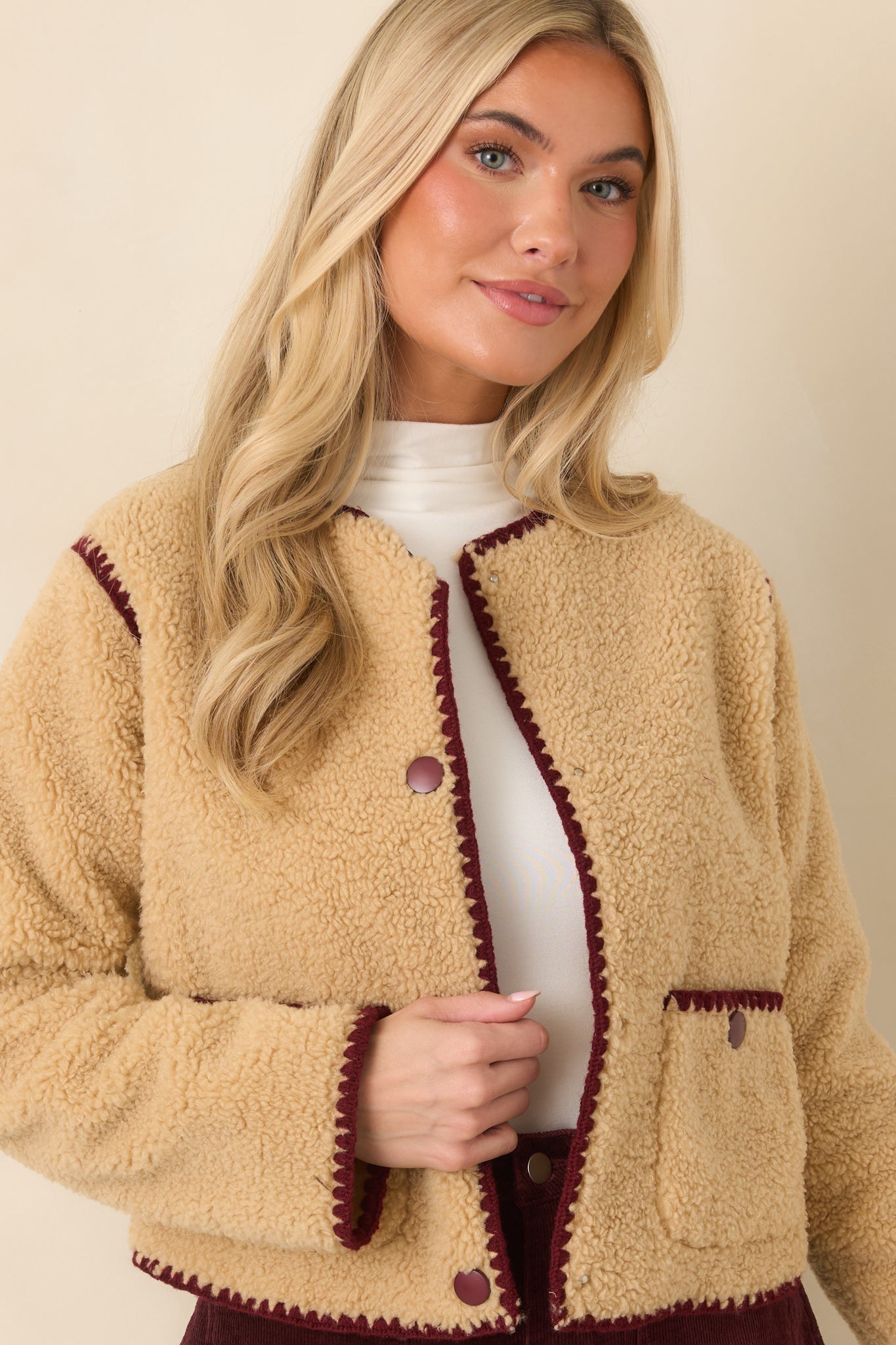 Bound to Be Cozy Beige & Burgundy Contrast Stitch Sherpa Jacket