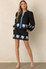 Blooming Boldly Black Multi Embroidered Cotton Mini Skirt