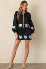 Blooming Boldly Black Multi Embroidered Cotton Mini Skirt