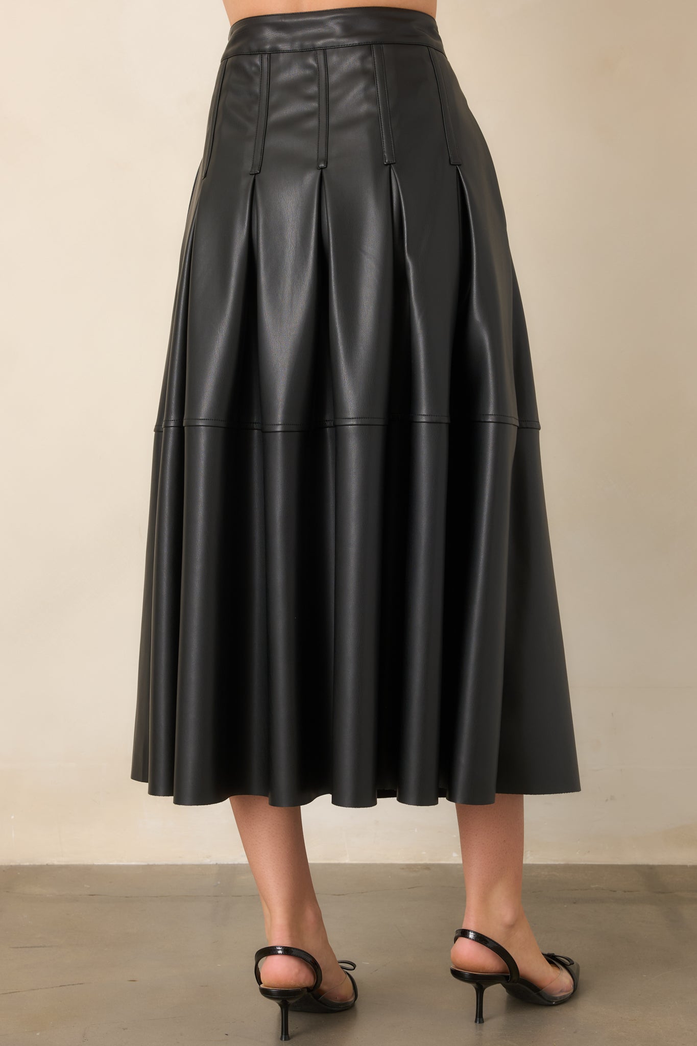 Cut To Perfection Black Faux Leather Pleated Midi Skirt