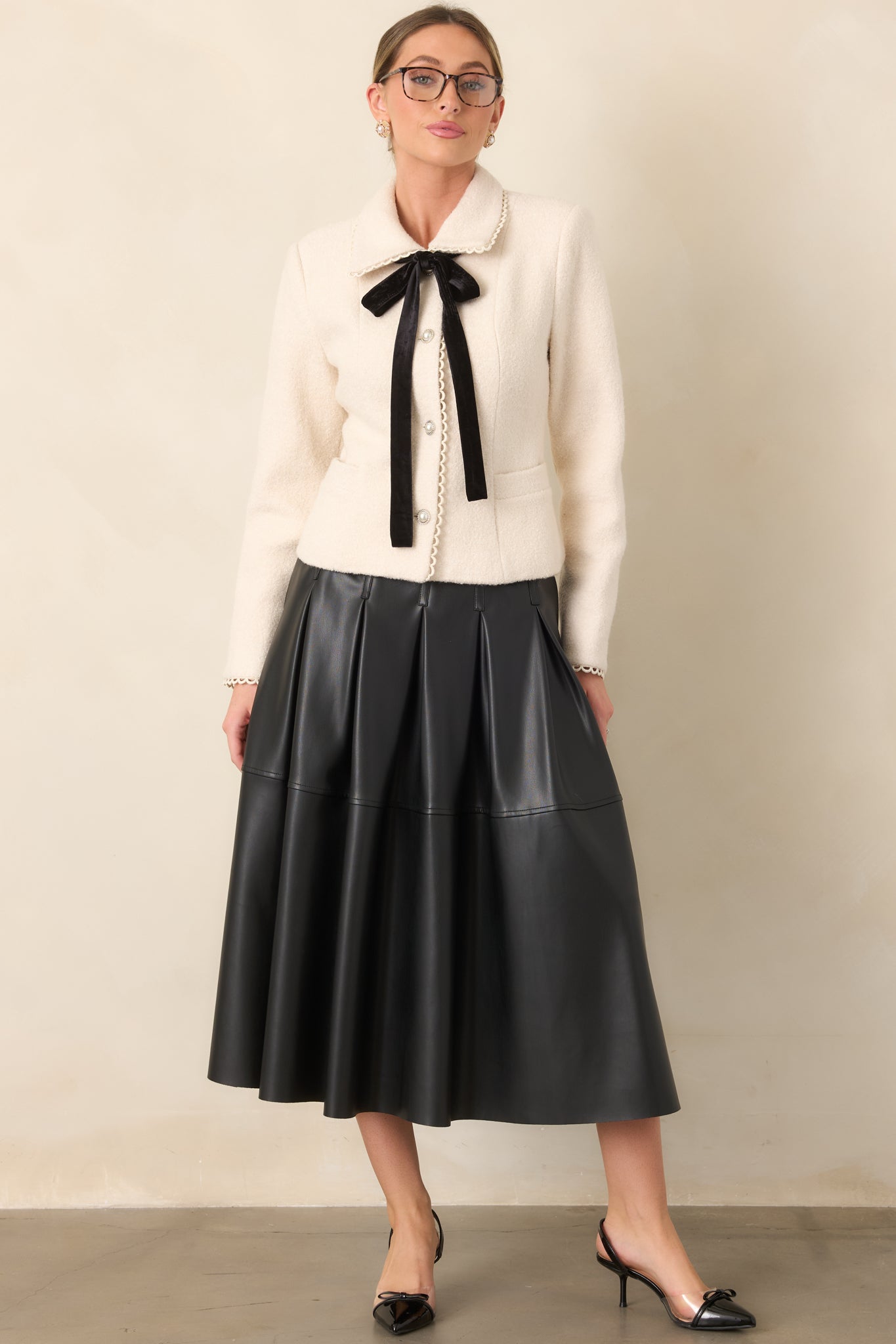 Cut To Perfection Black Faux Leather Pleated Midi Skirt