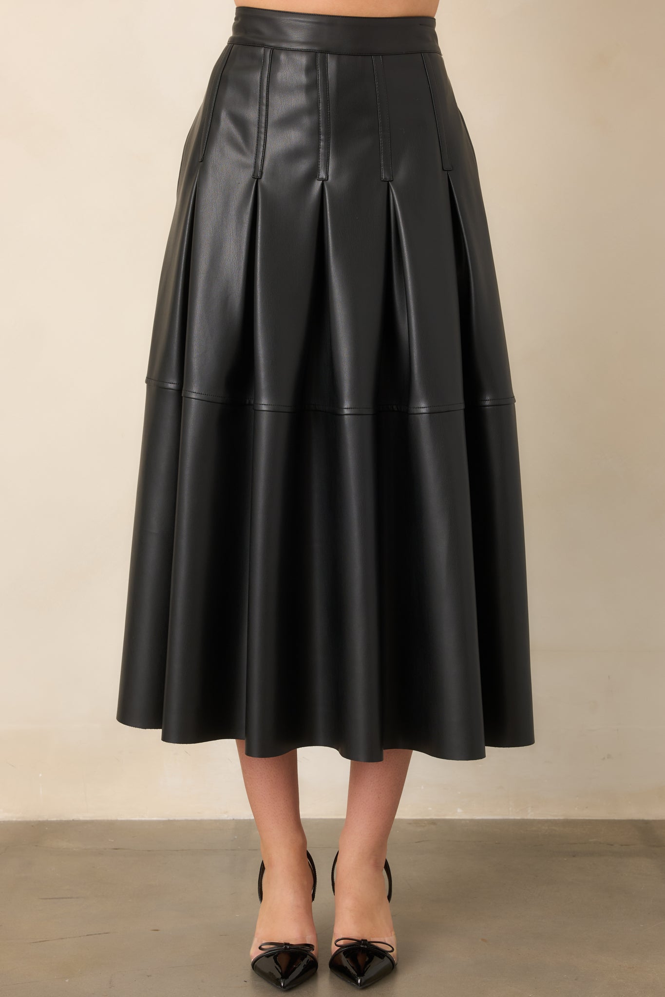 Cut To Perfection Black Faux Leather Pleated Midi Skirt