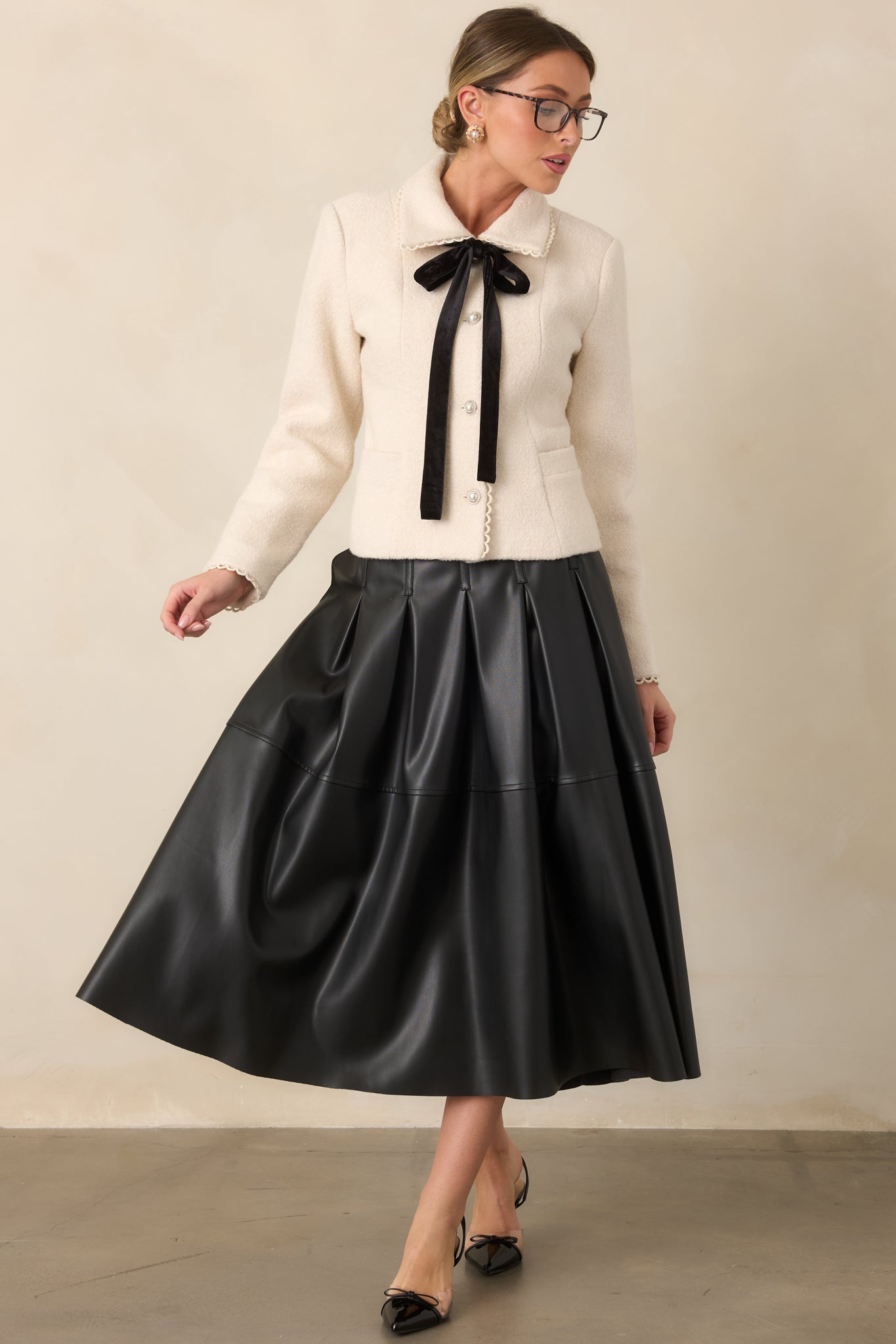 Cut To Perfection Black Faux Leather Pleated Midi Skirt
