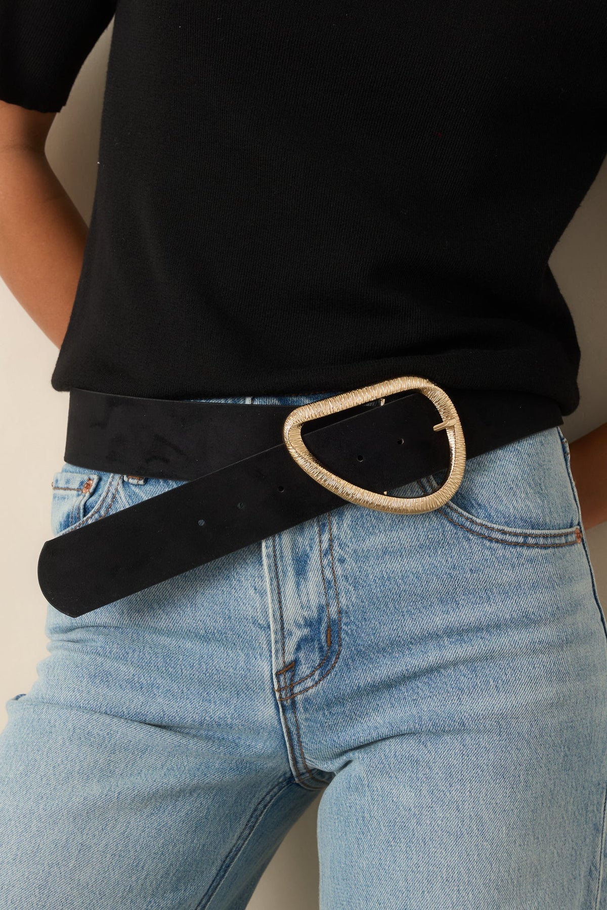Ahead of the Curve Black Faux Suede Sculptural Buckle Belt