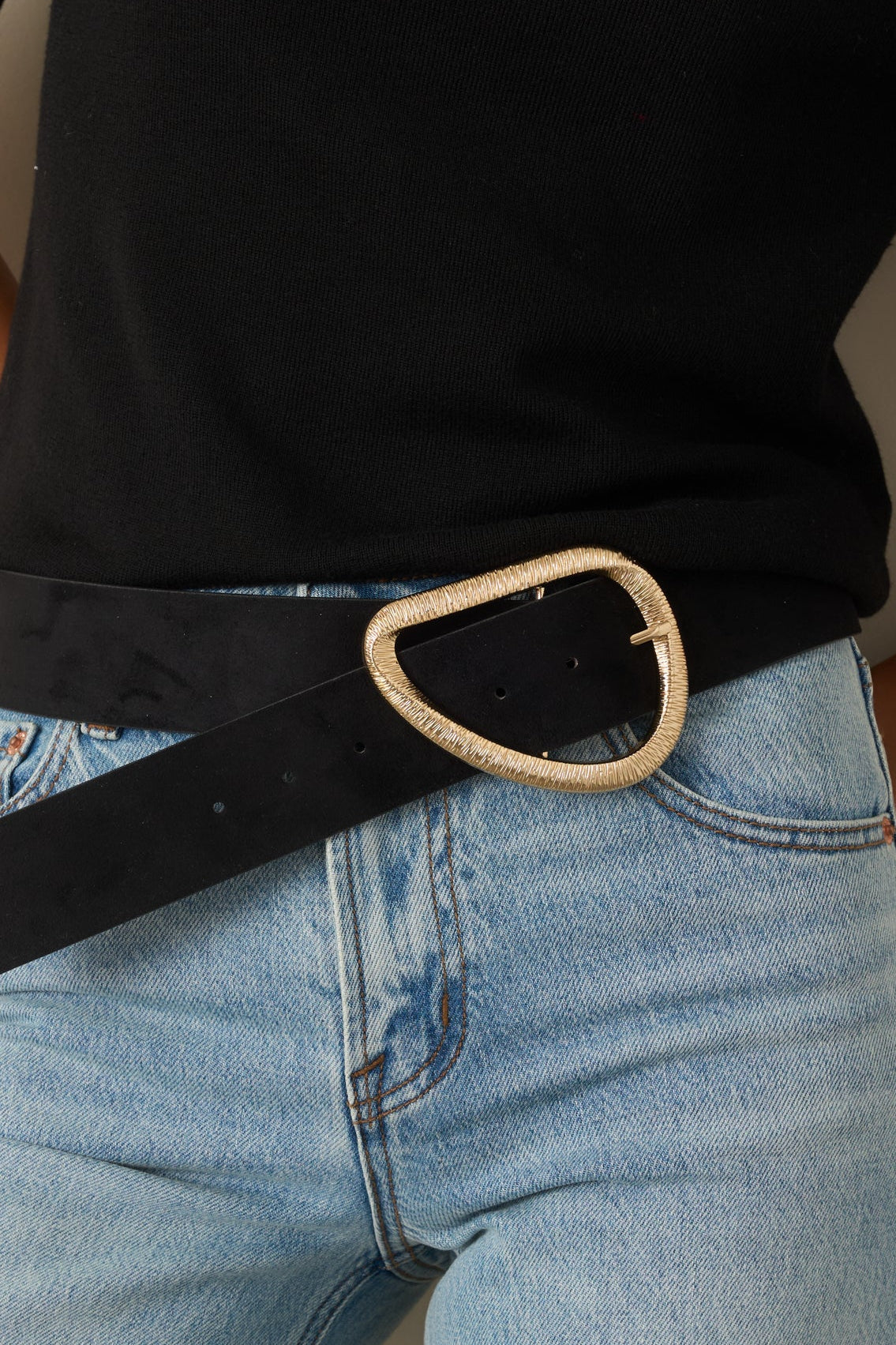 Ahead of the Curve Black Faux Suede Sculptural Buckle Belt