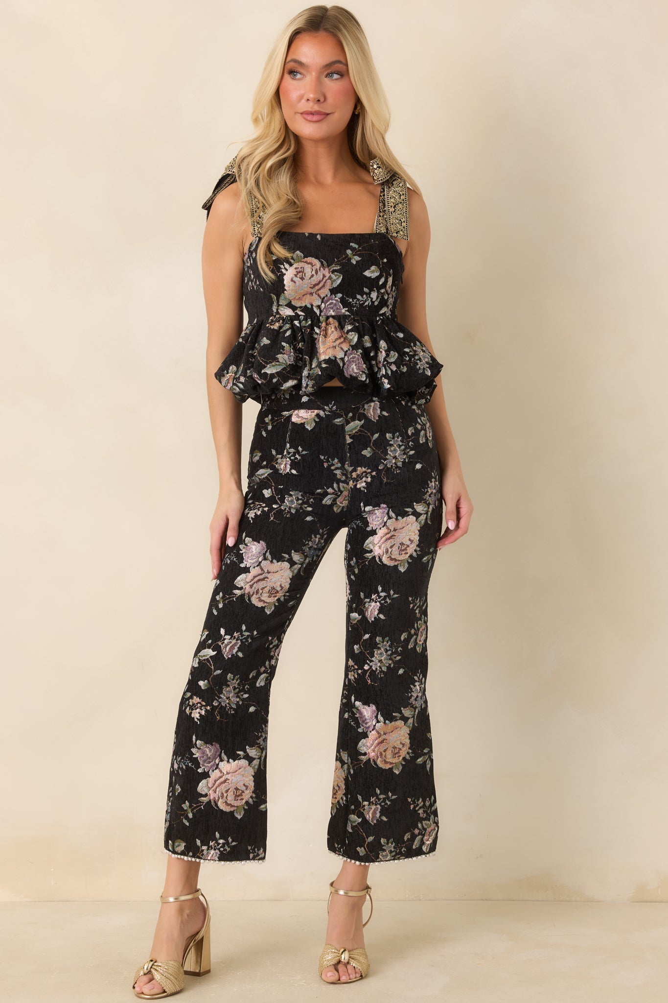 En Saison Jasmine Black Floral Jacquard Ankle Pants