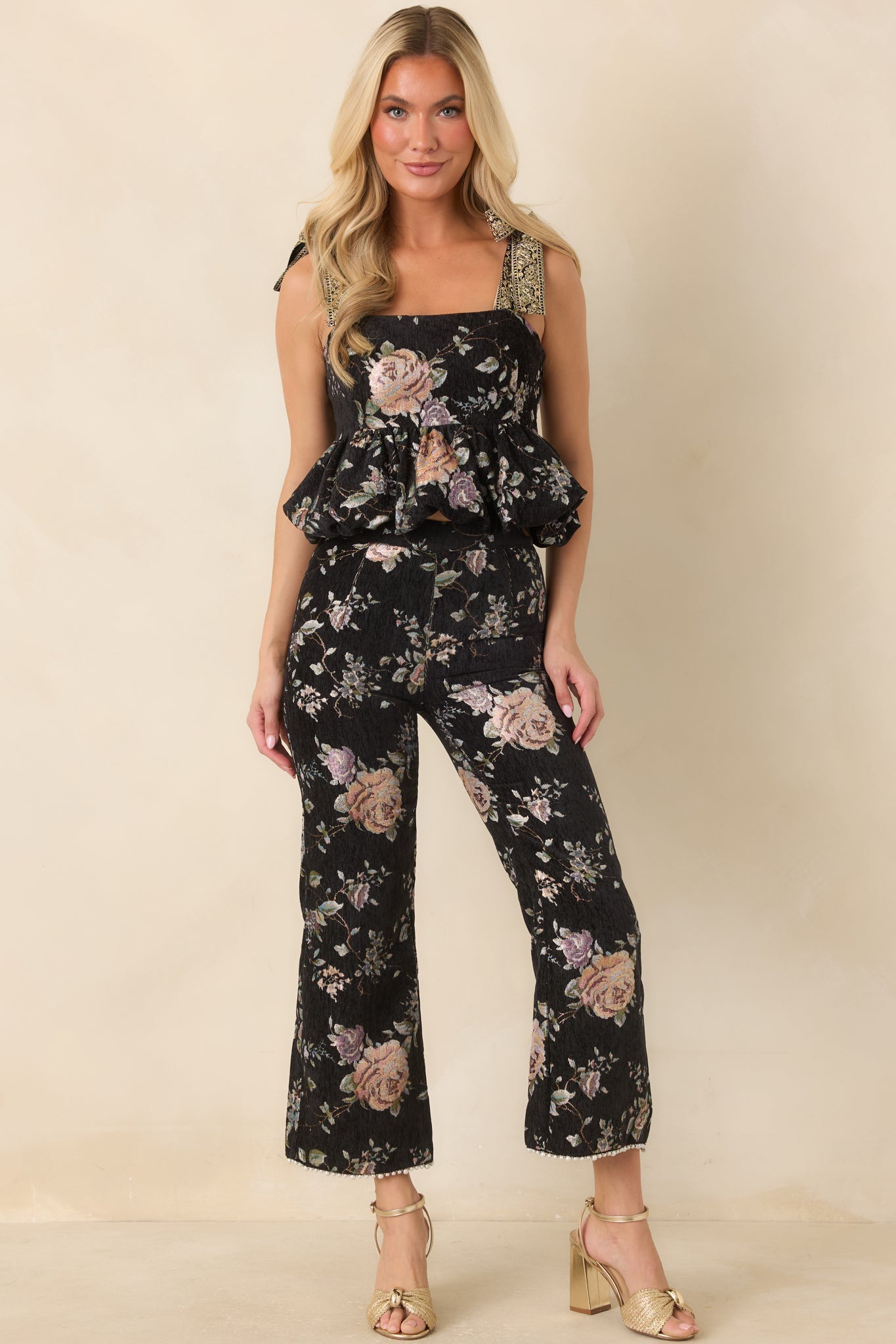 En Saison Jasmine Black Floral Jacquard Bubble Hem Top