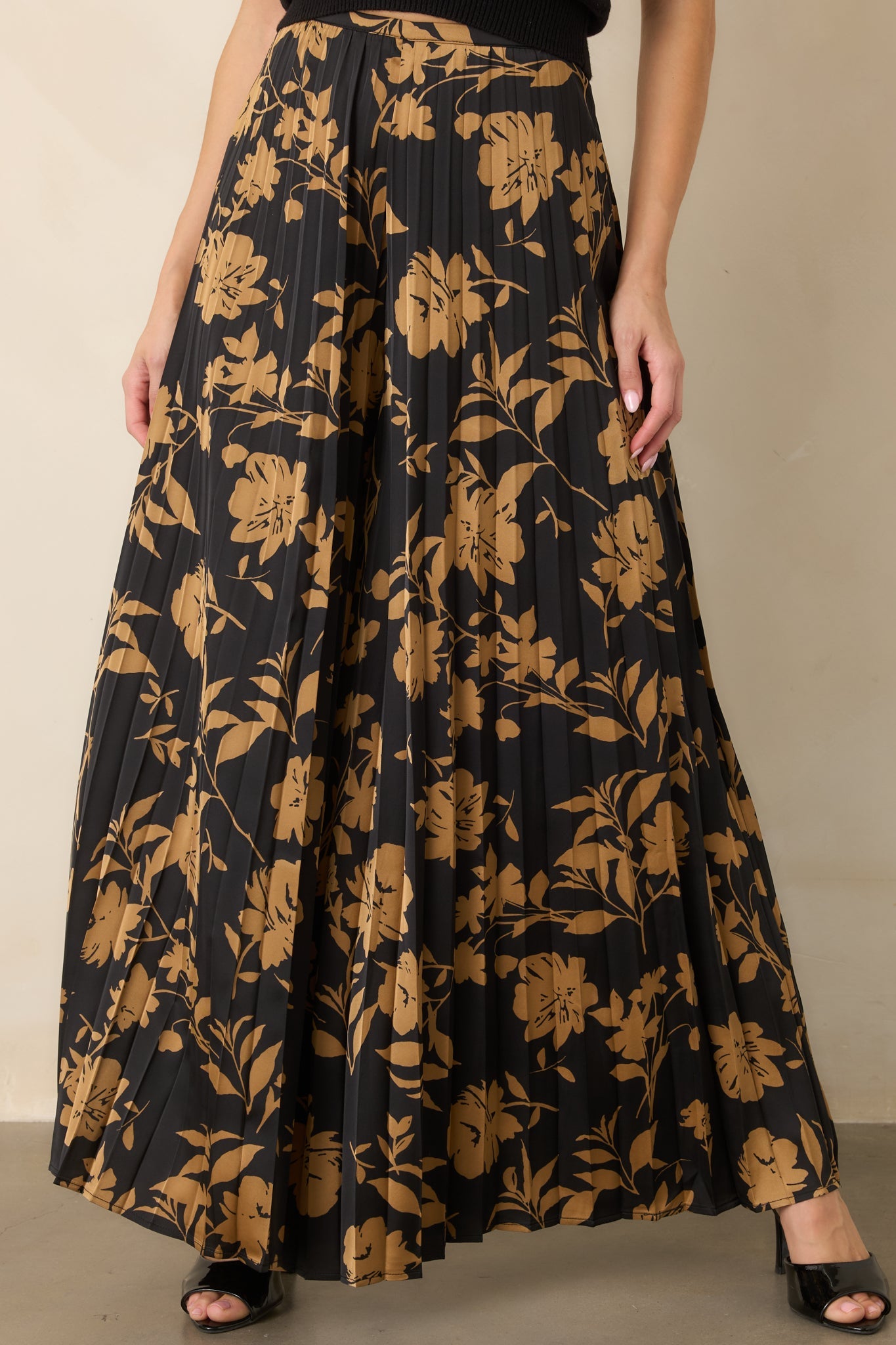 Allow Me to Elaborate Black & Gold Floral Pleated Palazzo Pants