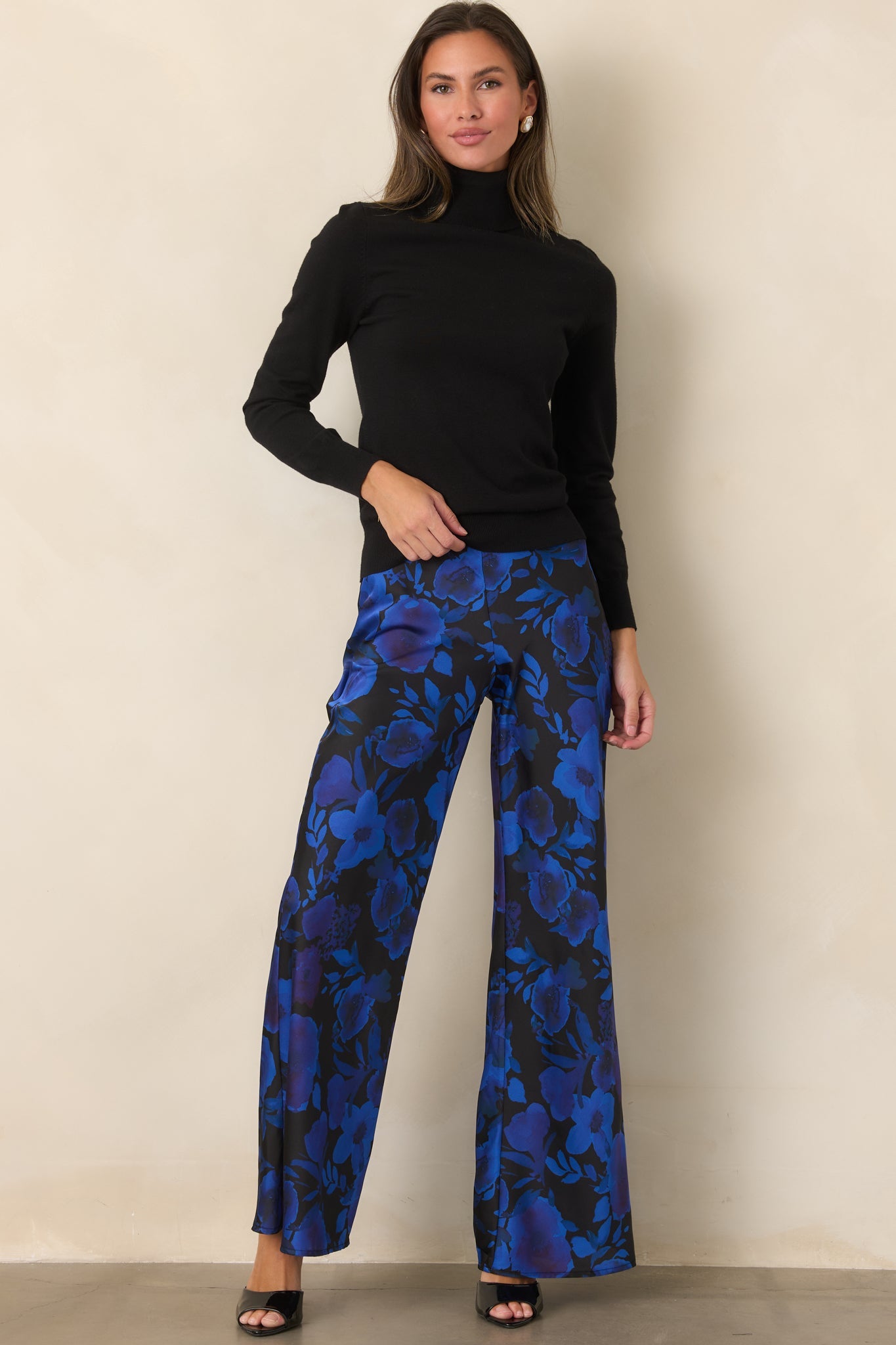 A Whole New Direction Black & Cobalt Floral Satin Wide Leg Pants