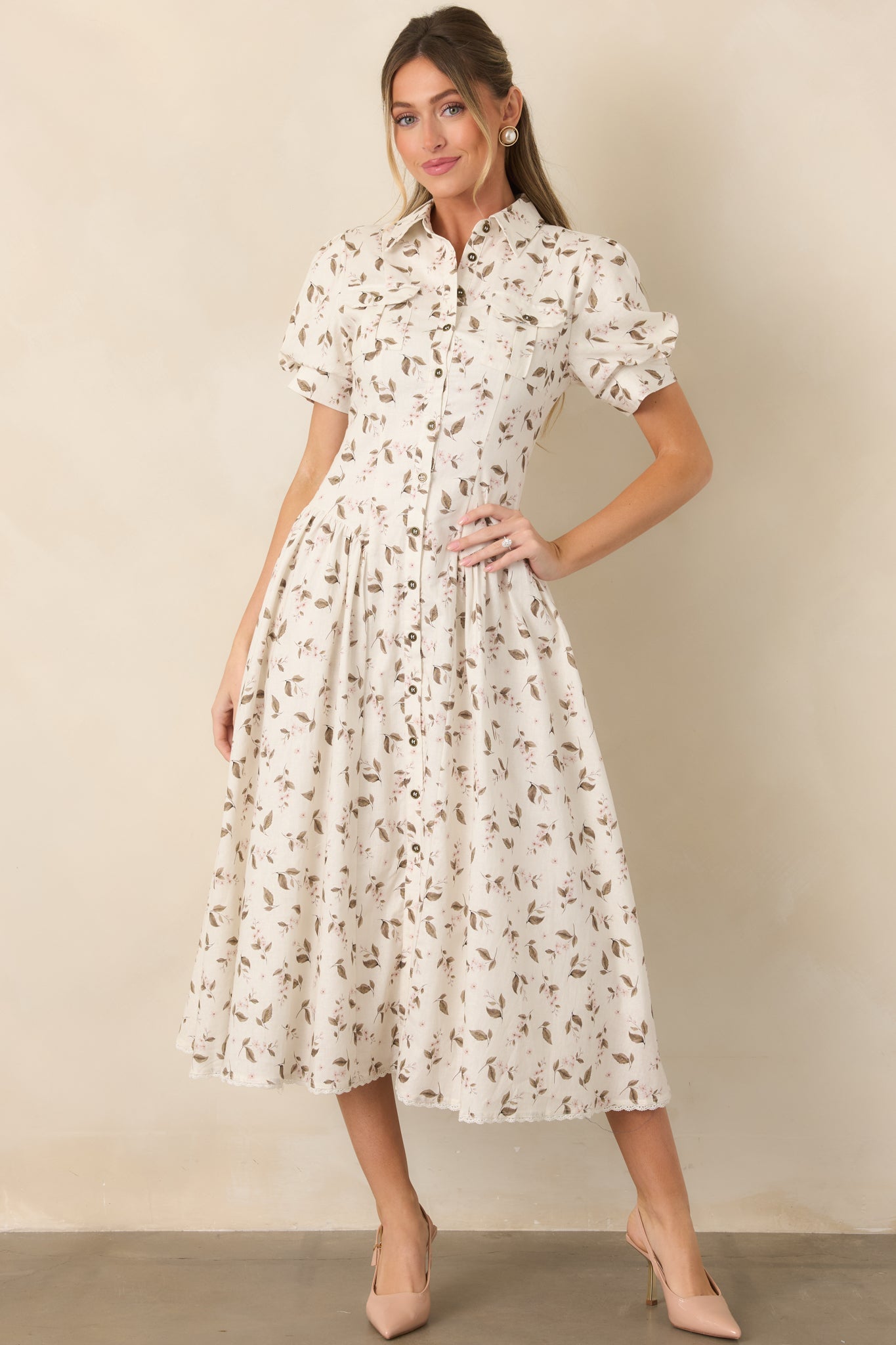 En Saison Hannah Ivory Floral Linen Blend Midi Shirt Dress