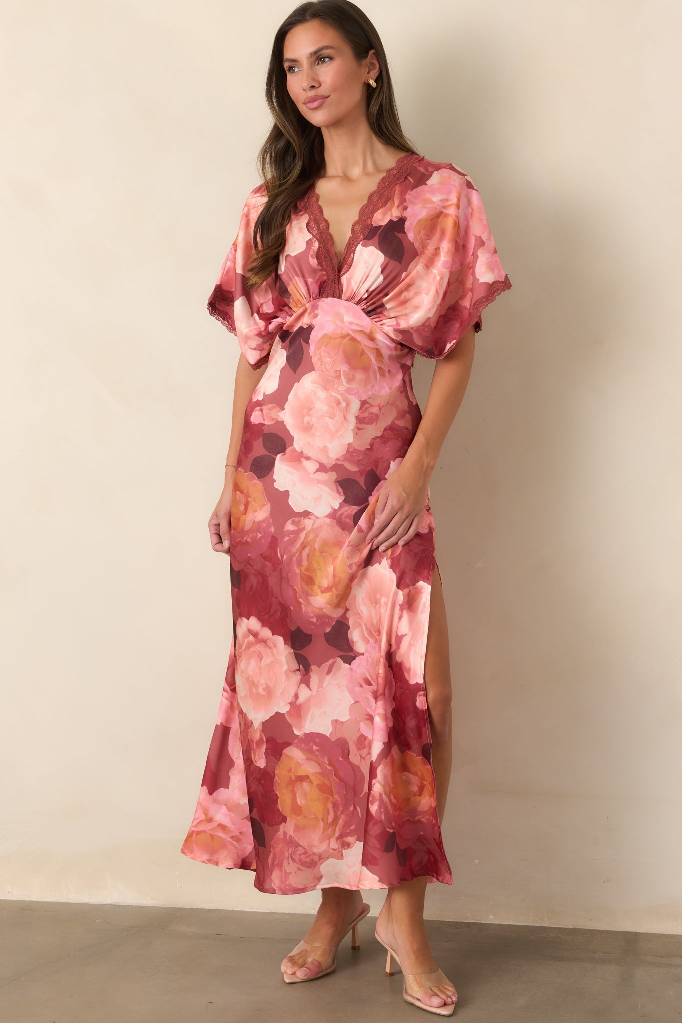 All The Right Reasons Blush Floral Satin Lace Trim Maxi Dress